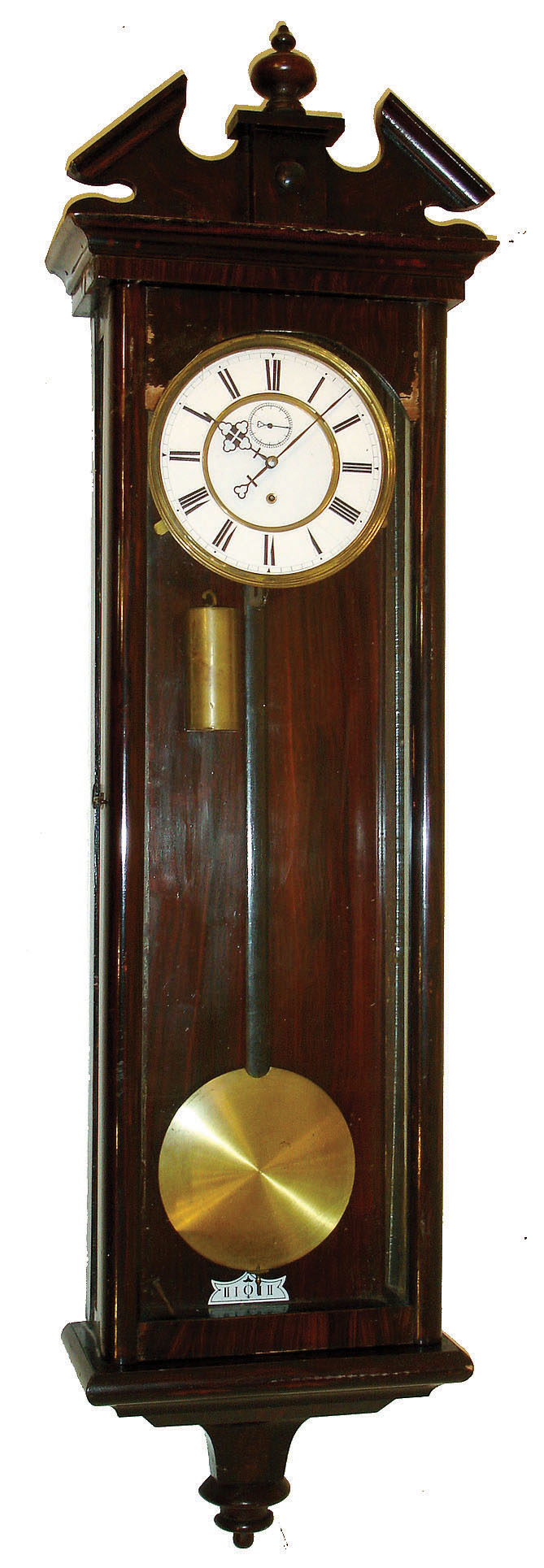 Clocks- 2 (Two) wall clocks: Tan Liong Tik, Soerabaya, 8 days, time and strike, stained wood R/A wall clock; German(?) 8 day one weight Vienna regulator in faux rosewood grained wood case. — Antique Clocks Price Guide