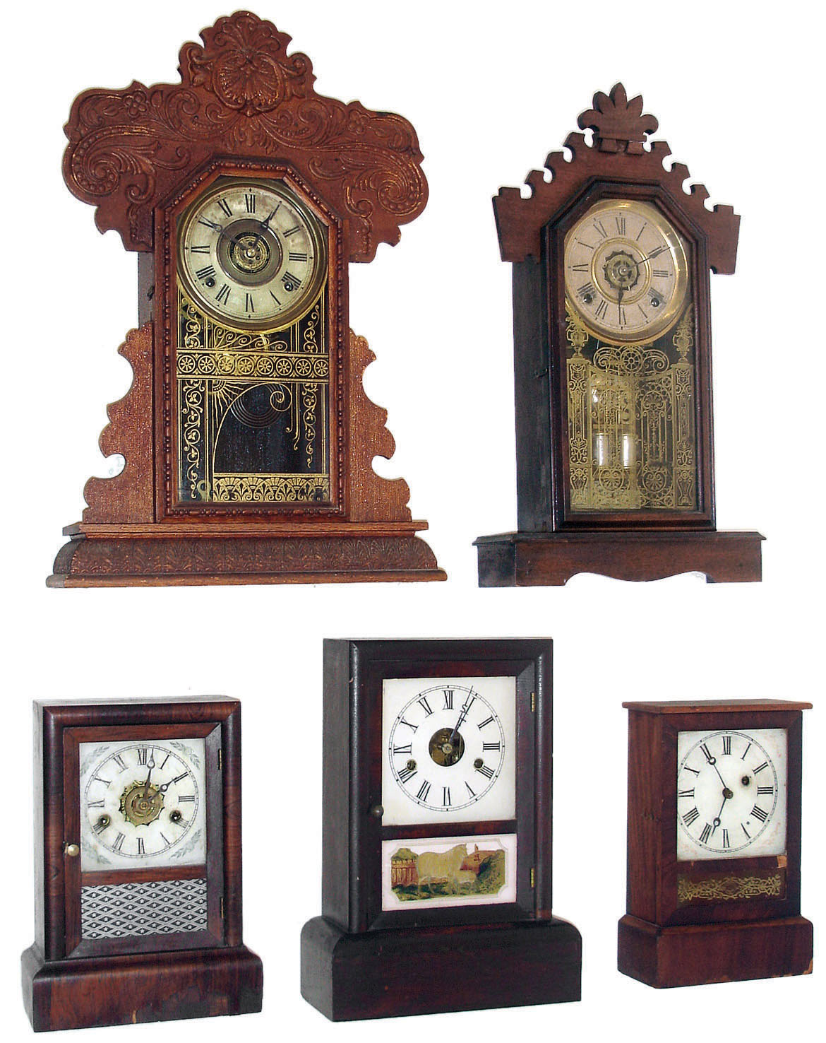 Clocks- 5 (Five): (1) Ansonia Brass & Copper Co., Ansonia, Conn., 30-hour, time, strike & alarm cottage clock, c1875. (2) Ansonia Clock Co., New York, "Atlas" 8 days, time, strike & alarm mantel clock, c1883. (3) Seth Thomas, Thomaston 30 hours, time and strike, & alarm cottage clock, c1875. (4) E. Ingraham & Co., "Aurora" 8 days, time and strike, from the "Star Line" series, c1915 (5) Ansonia Clock Co., 30 hours, time only, "Cottage" model, c1880. — Antique Clocks Price Guide