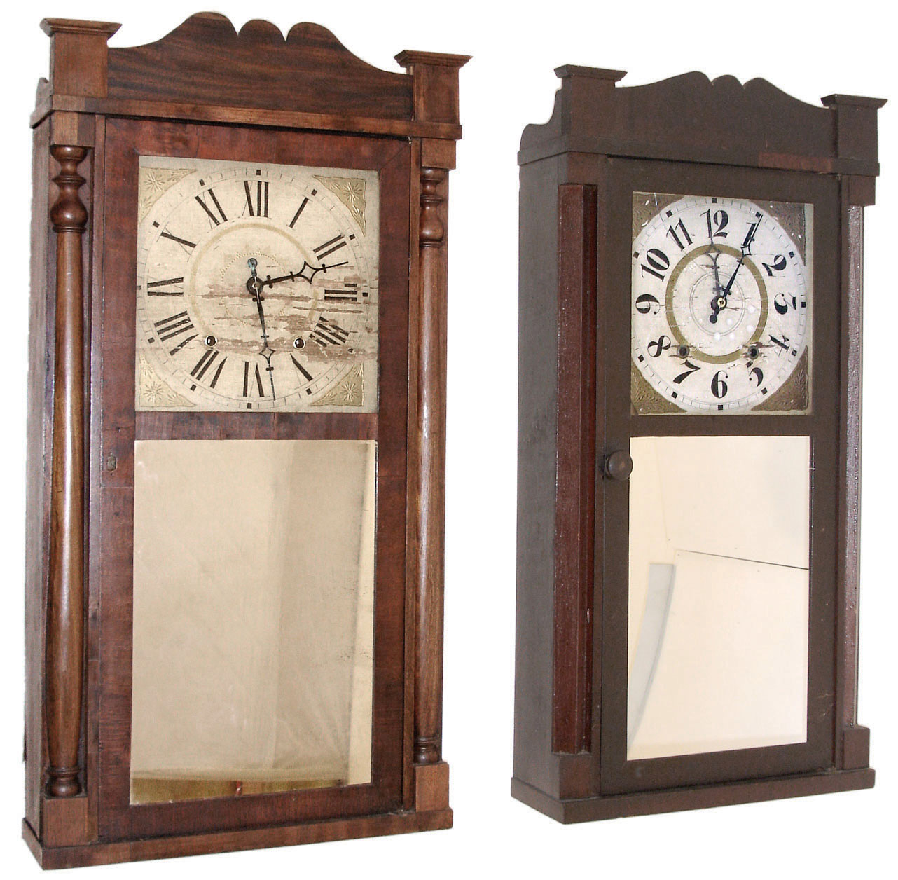 Clocks- 4 (Four) 30 hours, wood movement: (1) Elisha Hotchkiss, Burlington, Conn., time and strike, half column & splat, c1835. (2) Jason R. Rawson, Saxons River, VT, time and strike, half column & splat, c1840. (3) Edward M. Barnes, Chimney Point, VT, time and strike, "groaner movement" in stenciled half column & splat case, c1835. (4) Daniel Pratt, Jr., Reading, MA, time and strike, half column & splat, c1840. — Antique Clocks Price Guide