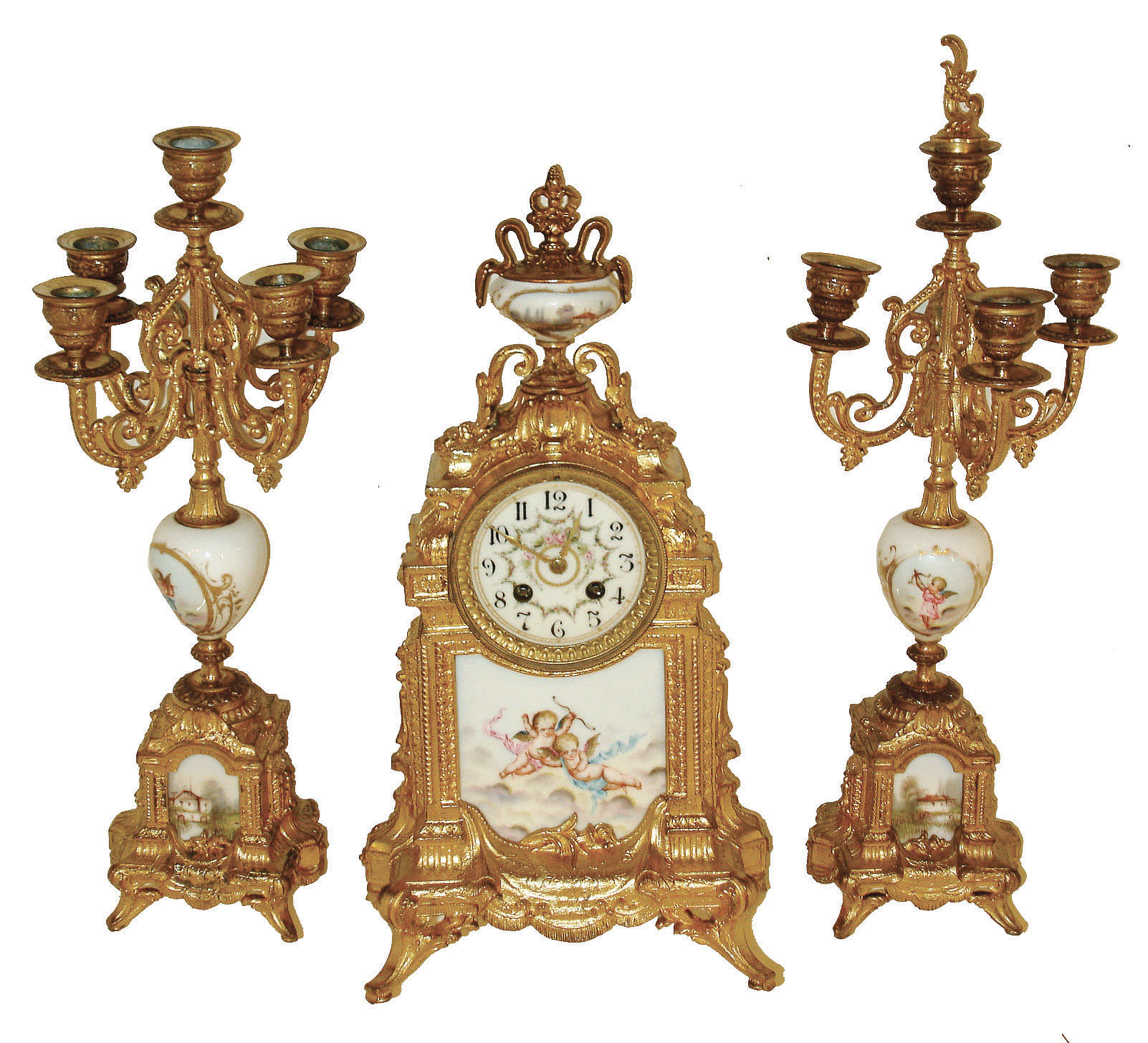 French gilt metal (spelter) and porcelain 8 days, time and strike, mantel clock garniture set with pair of candle stands c1900 — Antique Clocks Price Guide
