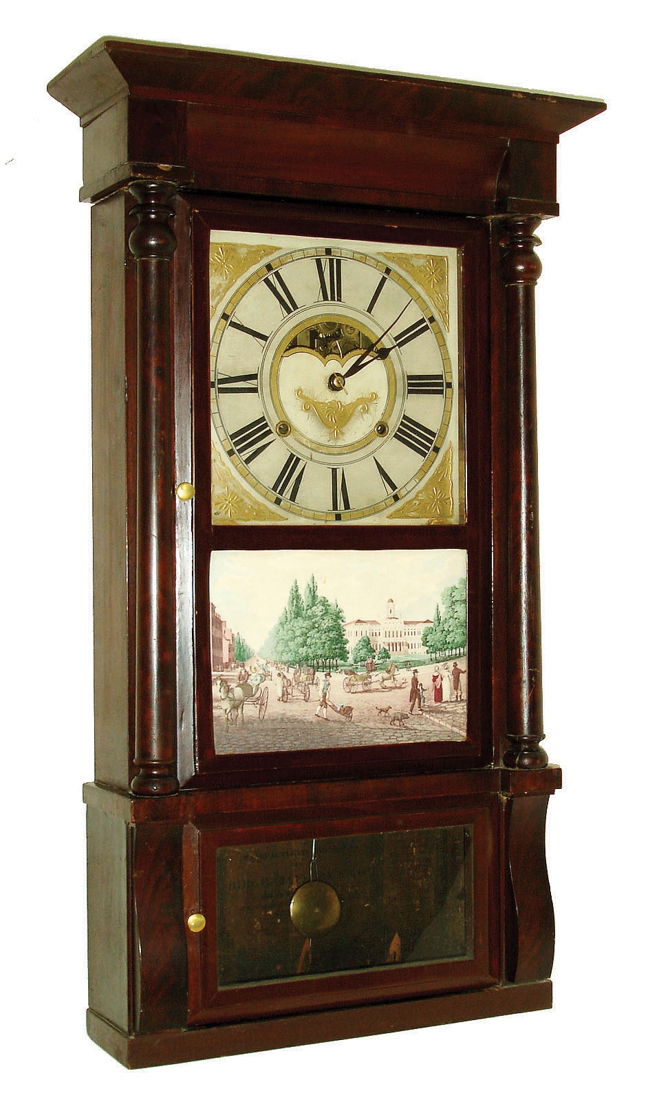 Birge, Mallory & Co., Bristol, Conn., 8 days, time and strike, weight driven strap brass brass movement column & cornice shelf clock, c1840 — Antique Clocks Price Guide
