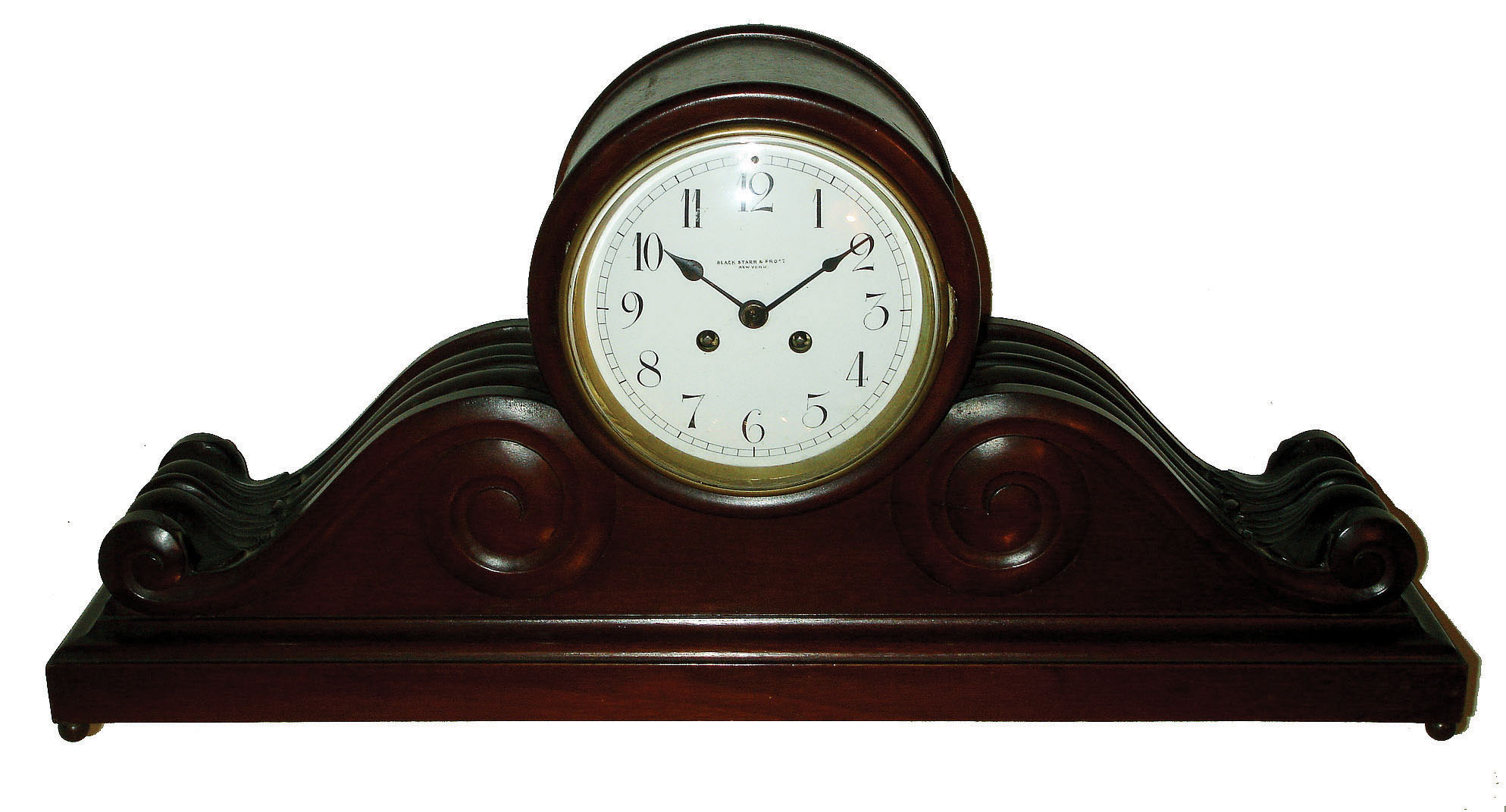 French 8 days, time and strike, mahogany tambour mantel clock, sold by Black, Starr & Frost, New York, with Vincenti and H&H movement, c1890 — Antique Clocks Price Guide