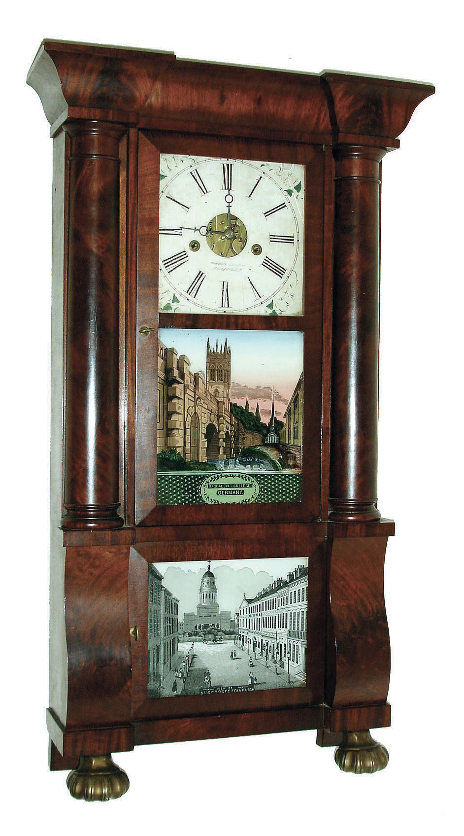 Forestville Manufacturing Co., (J.C. Brown), Bristol, Conn., 8 days, time and strike weight brass movement column & cornice shelf clock, c1850 — Antique Clocks Price Guide