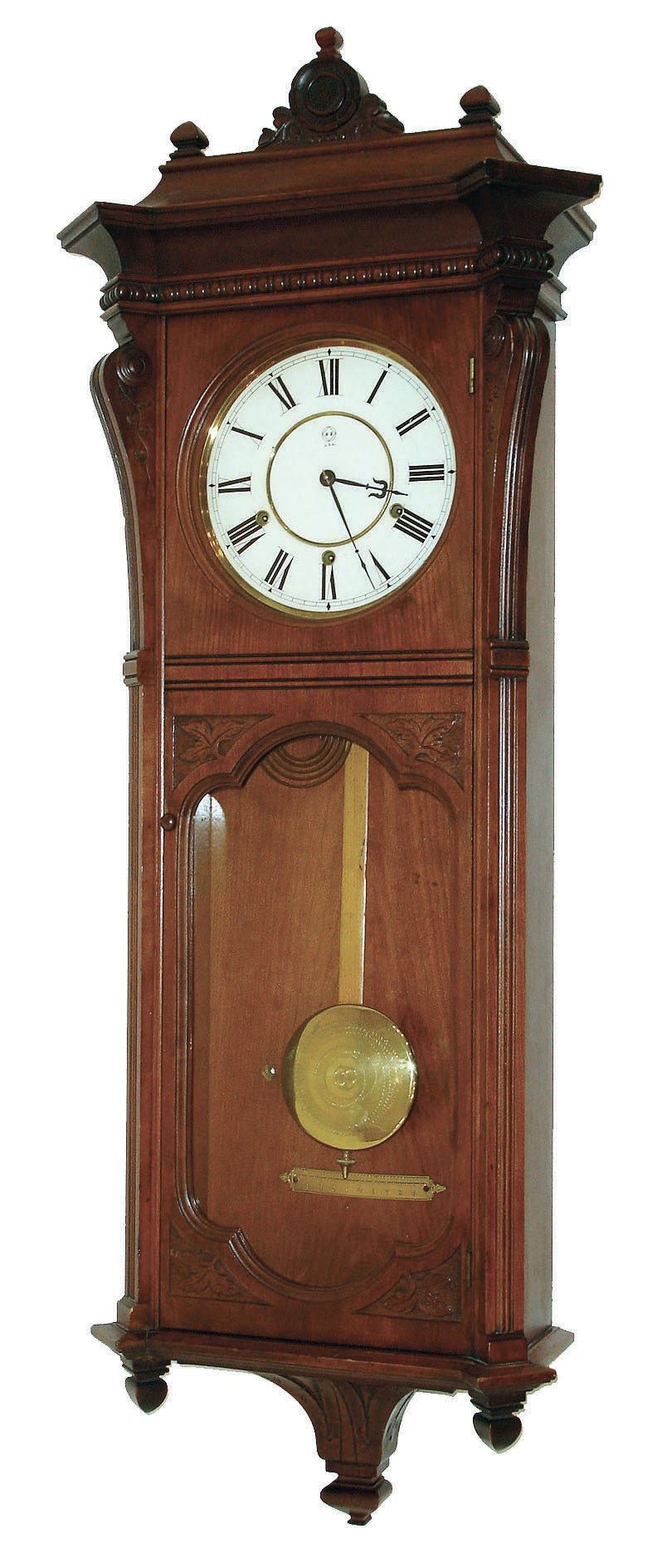 Seth Thomas Clock Co., Thomaston, Conn., "Marcy" 8 day 3-train spring driven time and strike, movement with cathedral gong strike on hour and quarter hour striking on 2 cup bells in cherry case, dated 1886. — Antique Clocks Price Guide