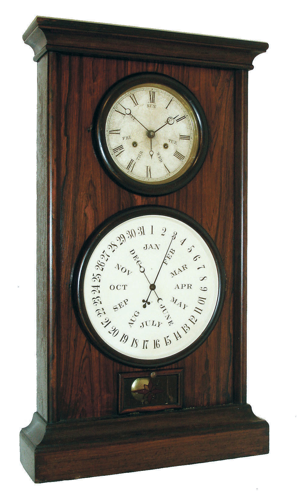 L. F. & W. W. Carter, Bristol, Conn., "Lewis Calendar No. 8" 8 day weight driven timepiece with B. B. Lewis patent calendar movement in a rosewood case,  The sold plate timepiece movement has steel rolling pinions and retaining power, c1867. — Antique Clocks Price Guide