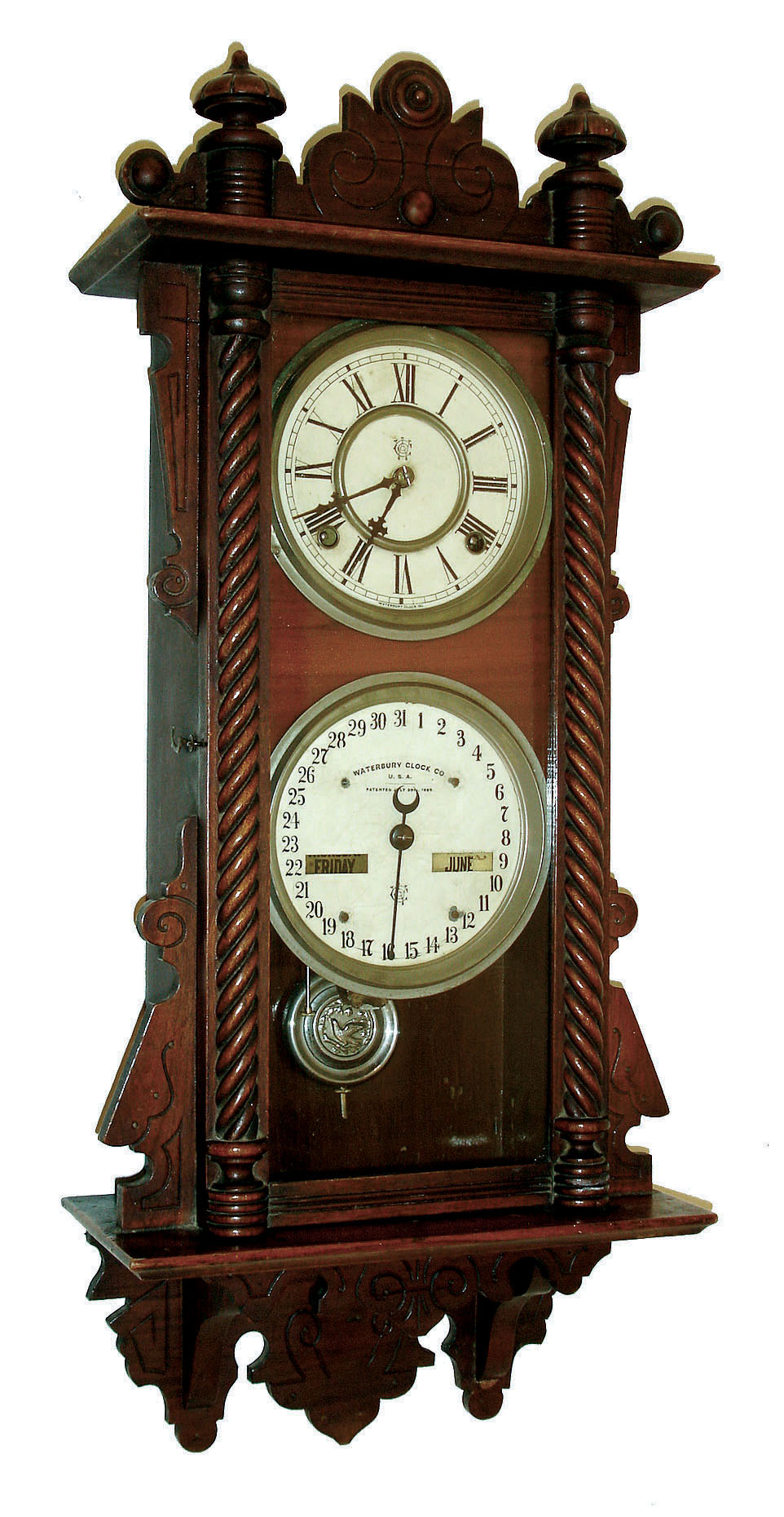 Waterbury Clock Co., Waterbury, Conn., "Calendar No. 36", 8 days, time and strike, double dial calendar wall clock, c1891 — Antique Clocks Price Guide