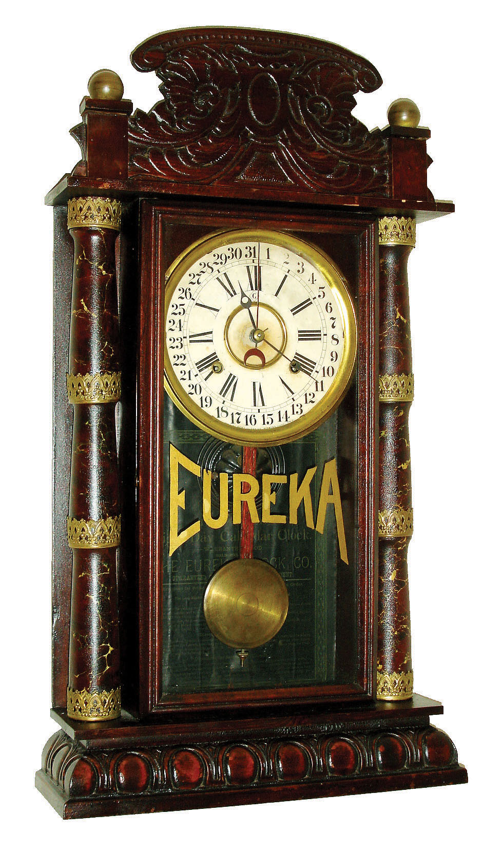 William L. Gilbert Clock Co, Winsted, Conn., for the Eureka Clock Co. [place not given on label]. 8 days, time and strike, simple calendar clock, c1881. Eureka was a retailing firm who had Gilbert manufacture their clocks. — Antique Clocks Price Guide