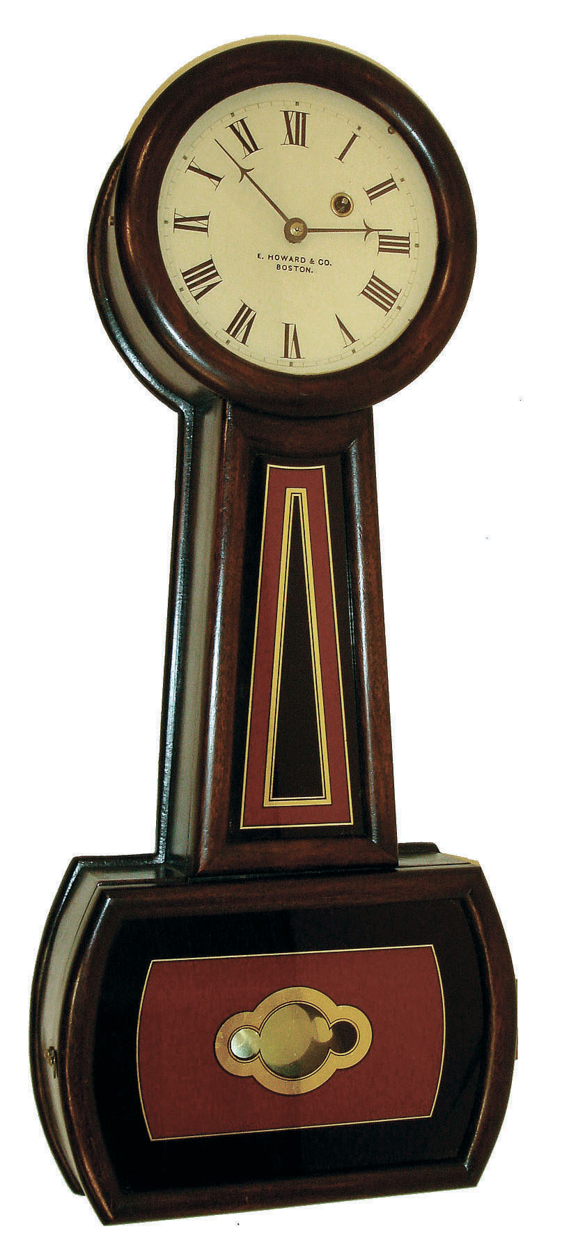 E. Howard & Co., Boston, Mass., "No. 5 Regulator", banjo wall clock, 8 days, time only, weight driven movement in a rosewood grained cherry case with a painted metal dial and reverse painted tablets, c1880 — Antique Clocks Price Guide