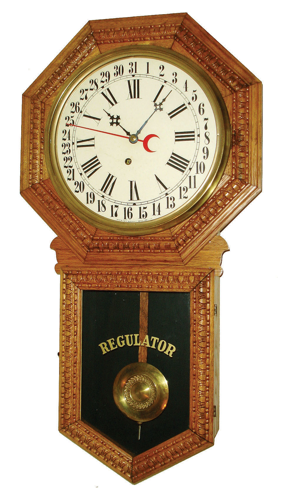 The E. Ingraham Co., Bristol, Conn., "Hartford" model 8 day time & calendar spring driven wall clock in pressed oak case, movement dated Apr., 1906. — Antique Clocks Price Guide