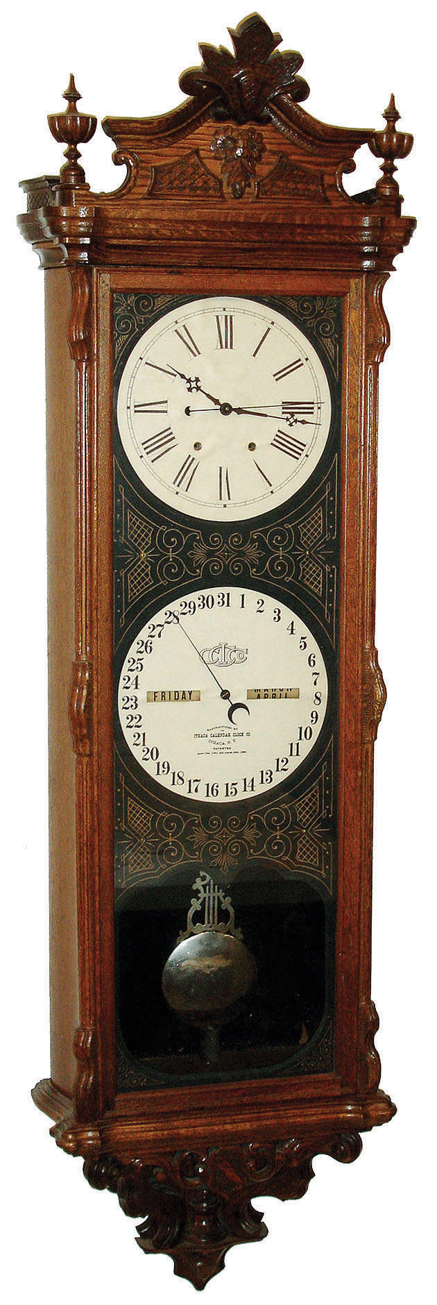Ithaca Calendar Clock Co., Ithaca, NY, "No. 1 REGULATOR" double dial perpetual calendar oak wall clock with full seconds beating pendulum and center seconds hand, two weight, 12 inch dials,  written serial #3304, dated behind dials, Nov., 1884 — Antique Clocks Price Guide