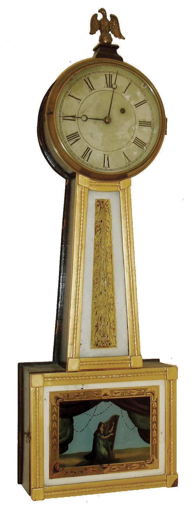 New England banjo clock, mahogany case with gilt frames and reverse painted glasses, top with cast eagle finial, Roman numeral white painted zinc dial with moon hands, cast brass bezel, brass 8 day timepiece movement, 19th century — Antique Clocks Price Guide