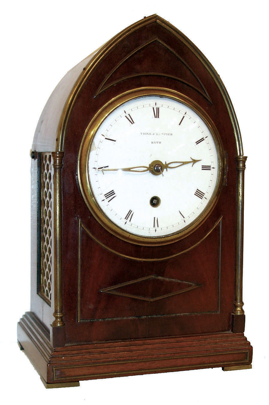 Vigne & Lautier, Bath, England, small bracket clock, lance arch mahogany and mahogany veneer case, with inlaid brass moldings, brass columns and trim, and thin brass feet, the sides with fabric lined pierced brass frets, the back with glazed door, Roman numeral white enamel convex dial, pierced arrow hands, signed brass 8 day fusee timepiece, the shouldered back plate with engraved border, c1835 — Antique Clocks Price Guide