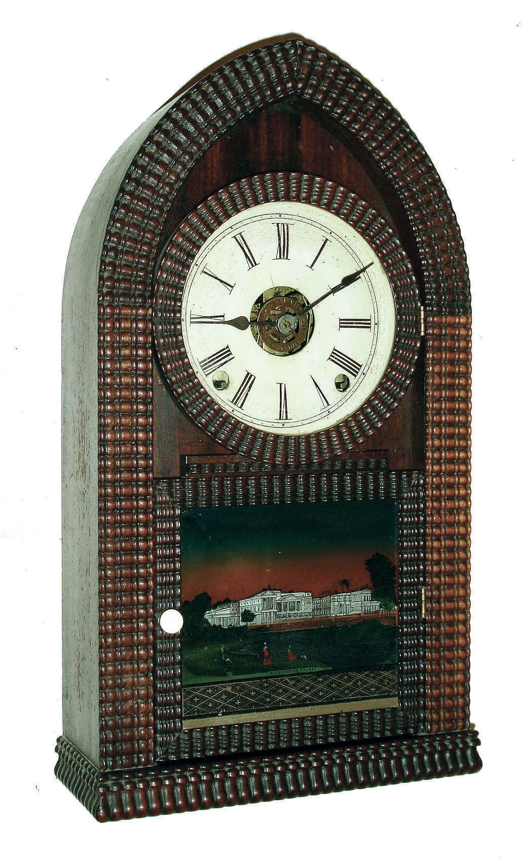E.N. Welch, (Late J. C. Brown), Forestville, Conn., 8 days, time, strike & alarm ripple molding round gothic or beehive shelf clock. [Welch sold off some of the Brown's old stock soon after taking over the factory], c1858 — Antique Clocks Price Guide