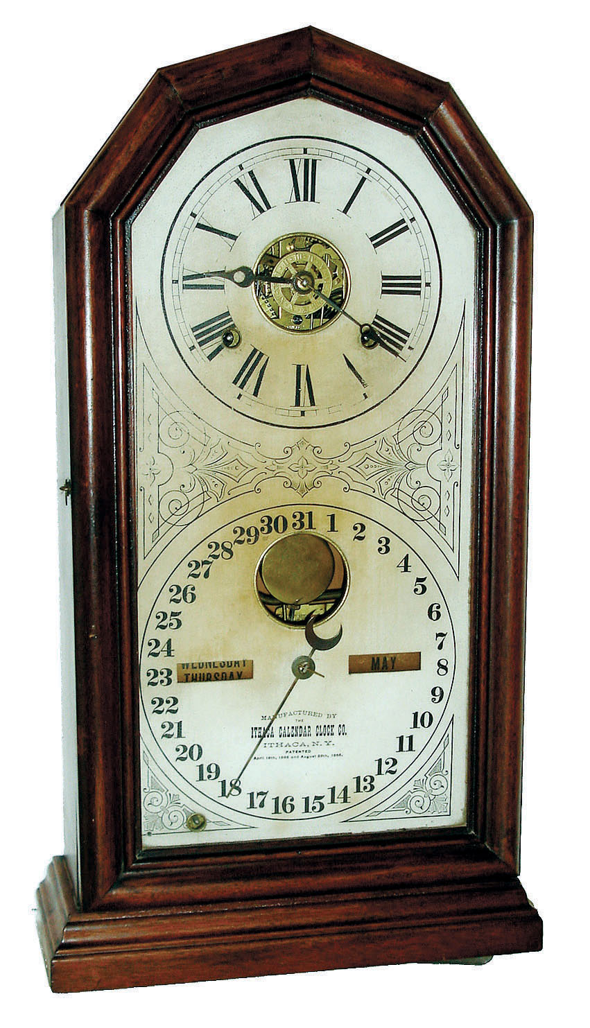 Ithaca Calendar Clock Co., Ithaca, NY, "No. 11 Octagon", 8 days, time, strike and alarm spring brass movement double dial calendar clock, c1880 — Antique Clocks Price Guide