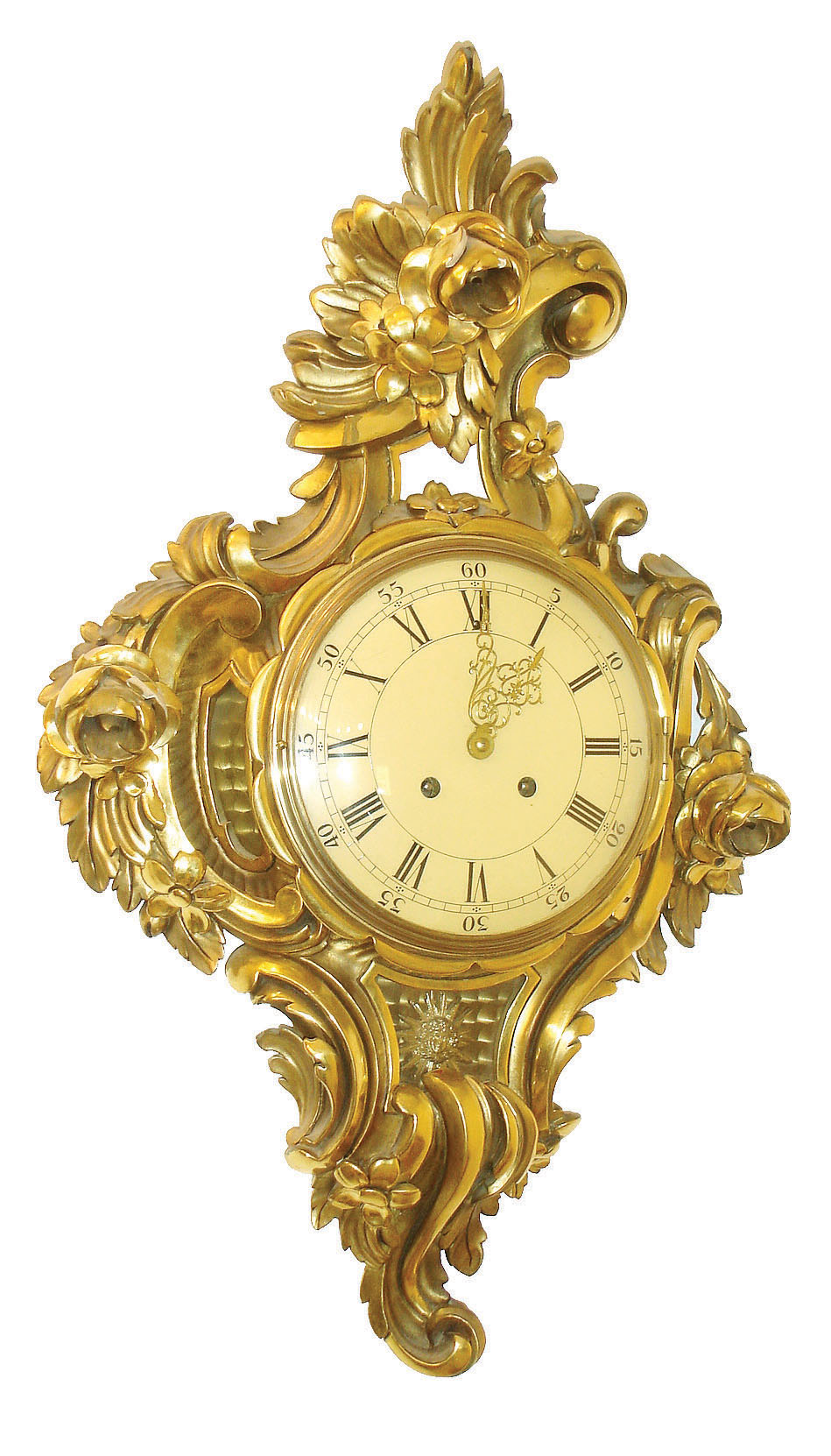 Westerstrands, Sweden, cartel clock, carved gilt wooden case in the rococo style, Roman numeral painted dial, gilt hands, 8 days, time and strike, movement, pendulum with gilt Helios mask, mid 20th century — Antique Clocks Price Guide