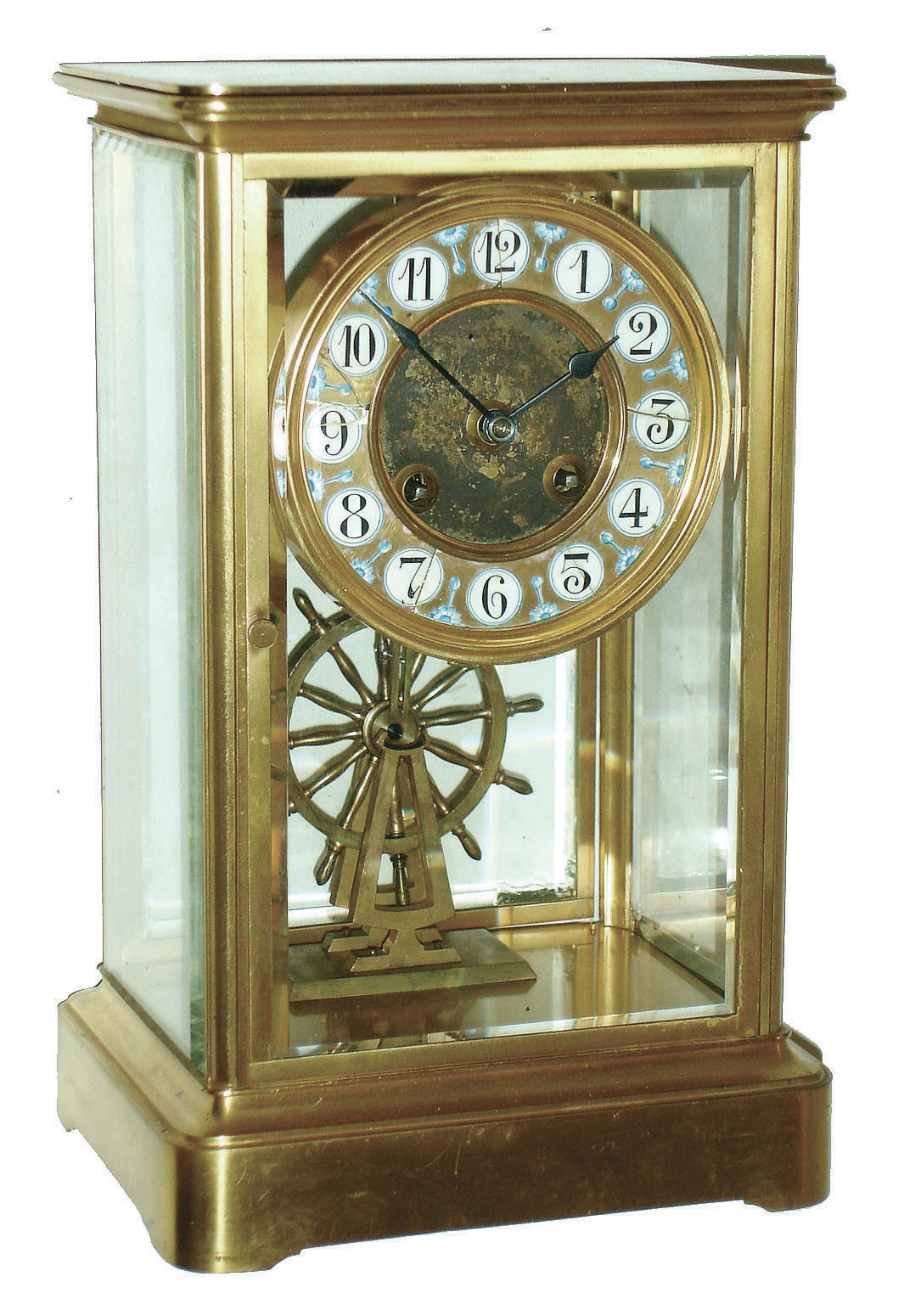 French. Japy Freres 8 days, time and strike, brass and beveled glass crystal regulator with yacht-wheel pendulum, c1900 — Antique Clocks Price Guide