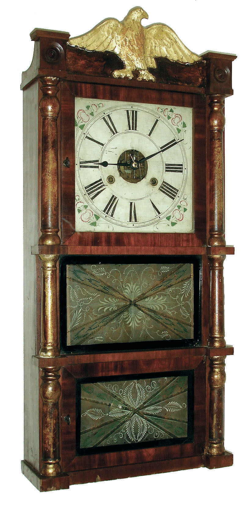 Birge & Fuller, Bristol, Conn., 8 days, time and strike, weight strap brass movement triple decker shelf clock with faux tortoise shell and gilt columns and gilt eagle splat, c1845 — Antique Clocks Price Guide