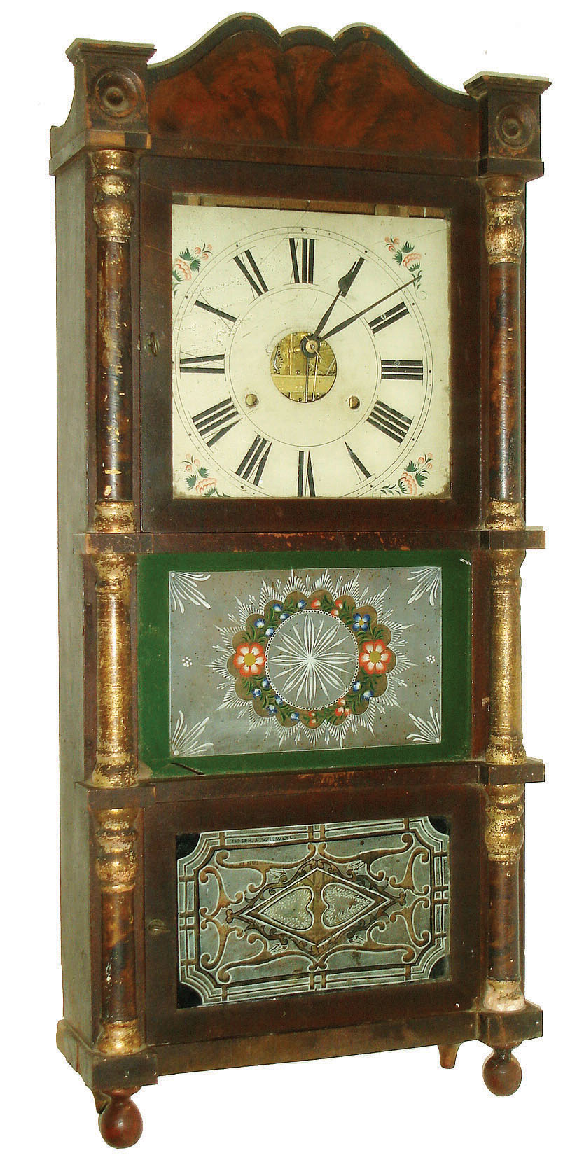 Birge & Fuller, Bristol, Conn., 8 days, time and strike, weight strap brass movement triple decker shelf clock with faux tortoise shell columns and mahogany veneered splat, c1845 — Antique Clocks Price Guide