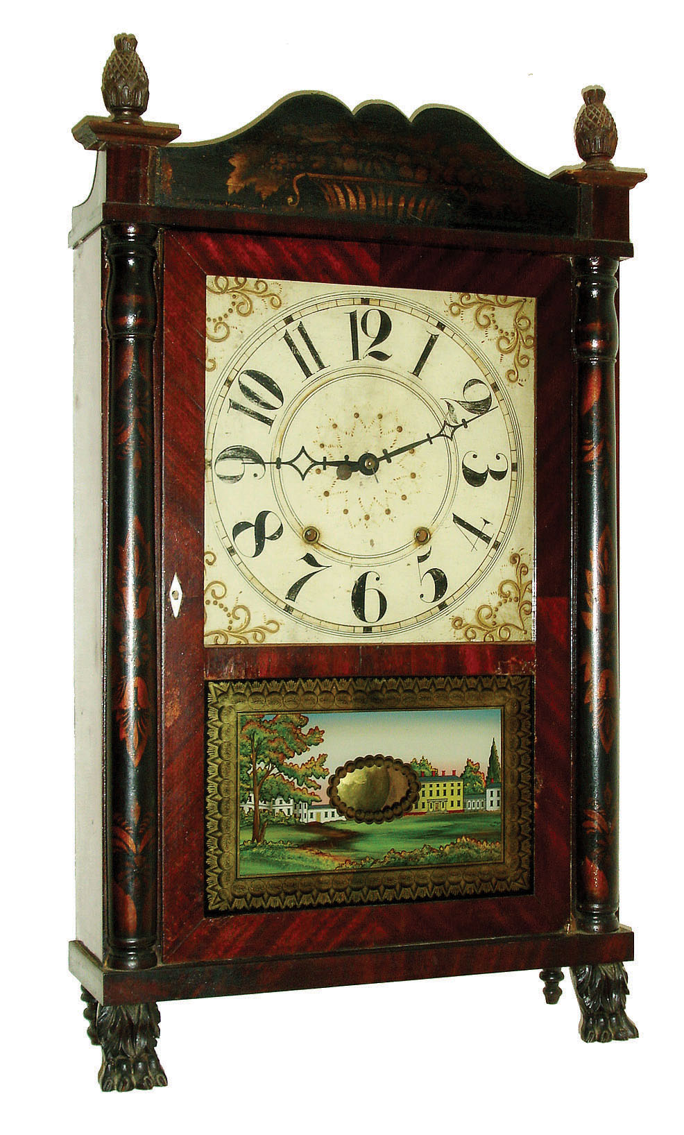 Ephraim Downs, Bristol, Conn., 30-hour, time and strike, weight driven wood movement stenciled half column & splat shelf clock with carved paw feet and pineapple finials.  c1830 — Antique Clocks Price Guide