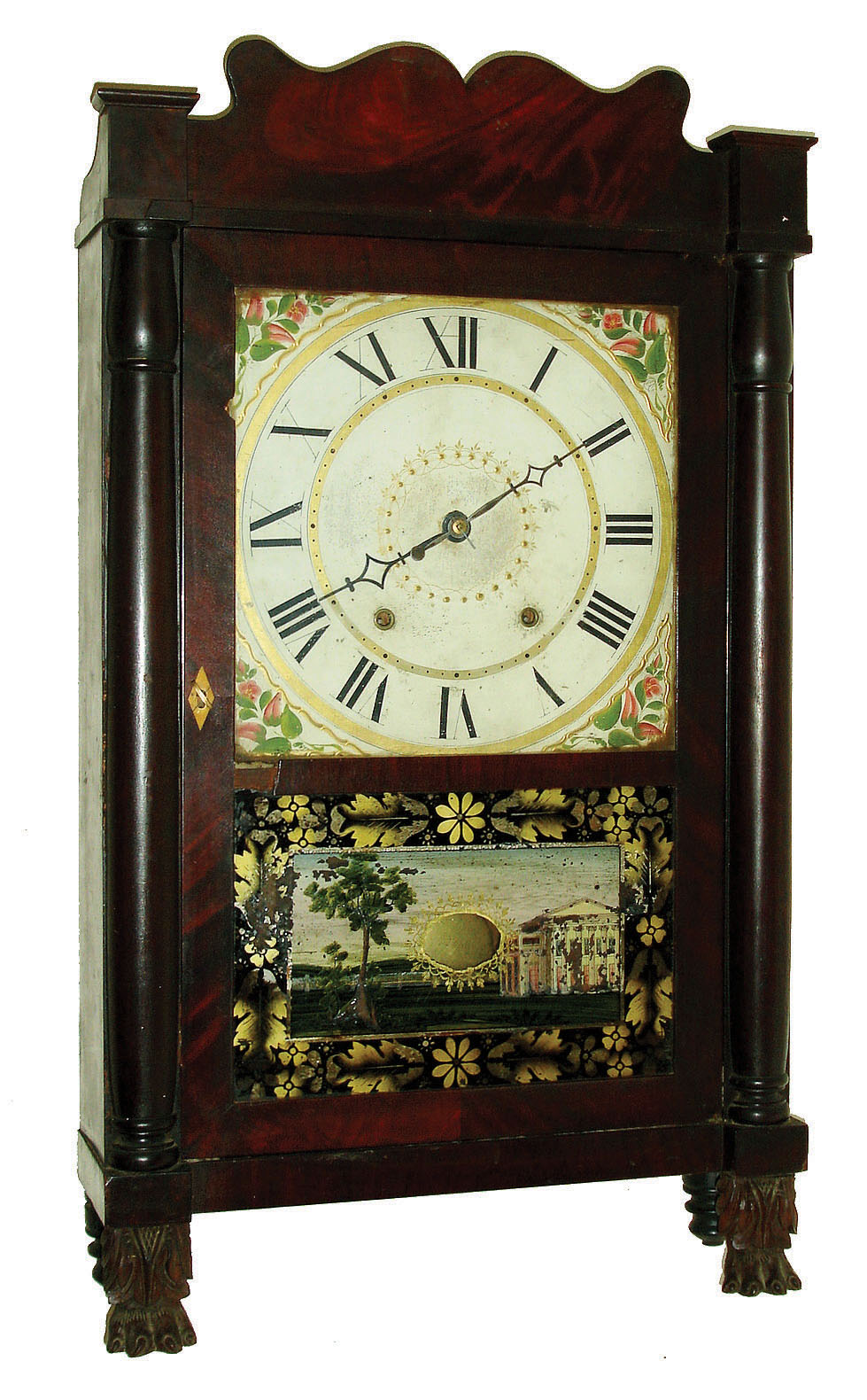 Seth Thomas Clock Co., Plymouth Hollow, Conn., 30-hour, time and strike, weight driven wood movement stenciled half column & splat shelf clock with carved paw feet, c1830 — Antique Clocks Price Guide