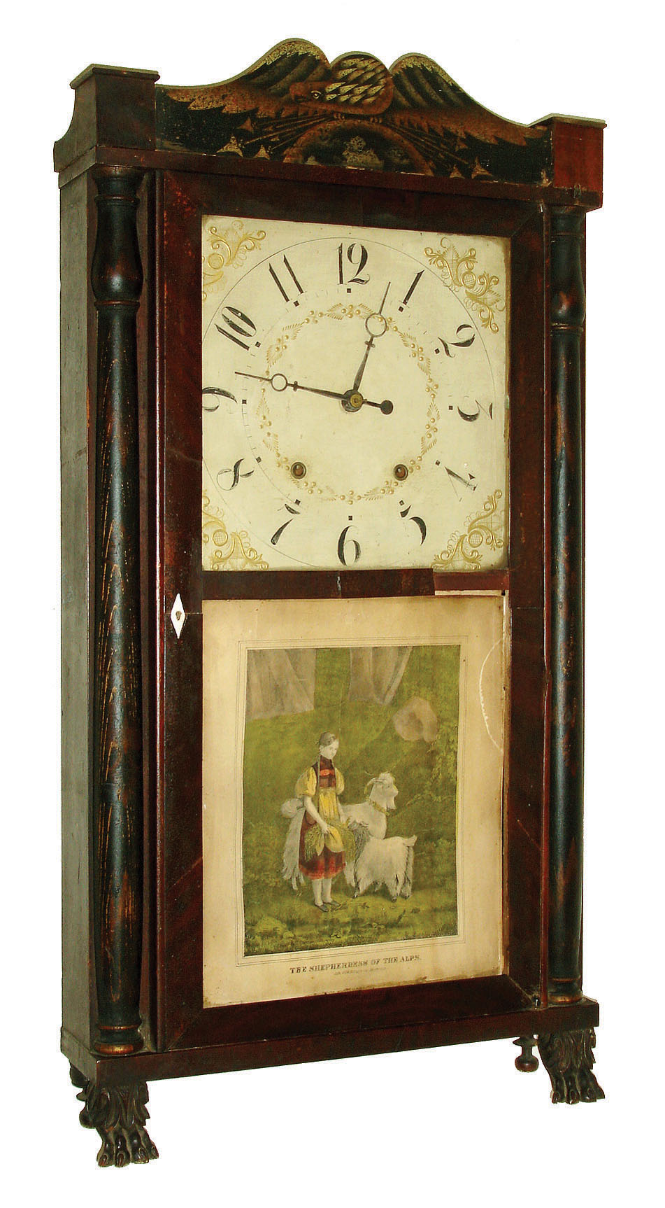 E. Terry & Sons, Plymouth, Conn., 30 hours, time and strike weight wood movement stencil column & eagle splat shelf clock. — Antique Clocks Price Guide