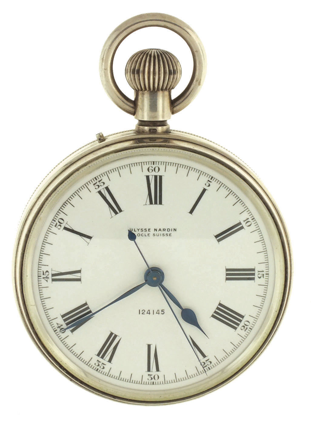 Ulysse Nardin, Le Locle & Geneva, Switzerland, deck watch with sweep seconds, 19 jewels, stem wind and pin set, gilt plate movement with lever escapement, Guillaume balance, micrometric regulator in a sterling silver, screw back and snap bezel, open face case and Roman numeral, outer black 5-minute markers, white enamel dial, blued steel spade and poker hands, serial #124145, 56mm, c1910. — Antique Clocks Price Guide