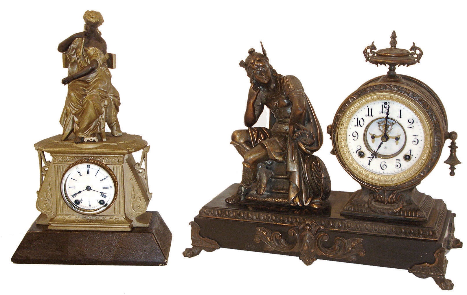 Clocks- 2 (Two).  Seth Thomas & Sons, #8026 figural mantel clock, cast case with seated female figure, Roman numeral white enamel dial, two week going time and strike movement, , c1880, Ansonia "Mercury", seated figure of Mercury to left of clock case, Arabic numeral white enamel dial with open escapement, 8 days, time and strike, movement, mounted to a japanned iron base with gilt paw feet, c1895 — Antique Clocks Price Guide