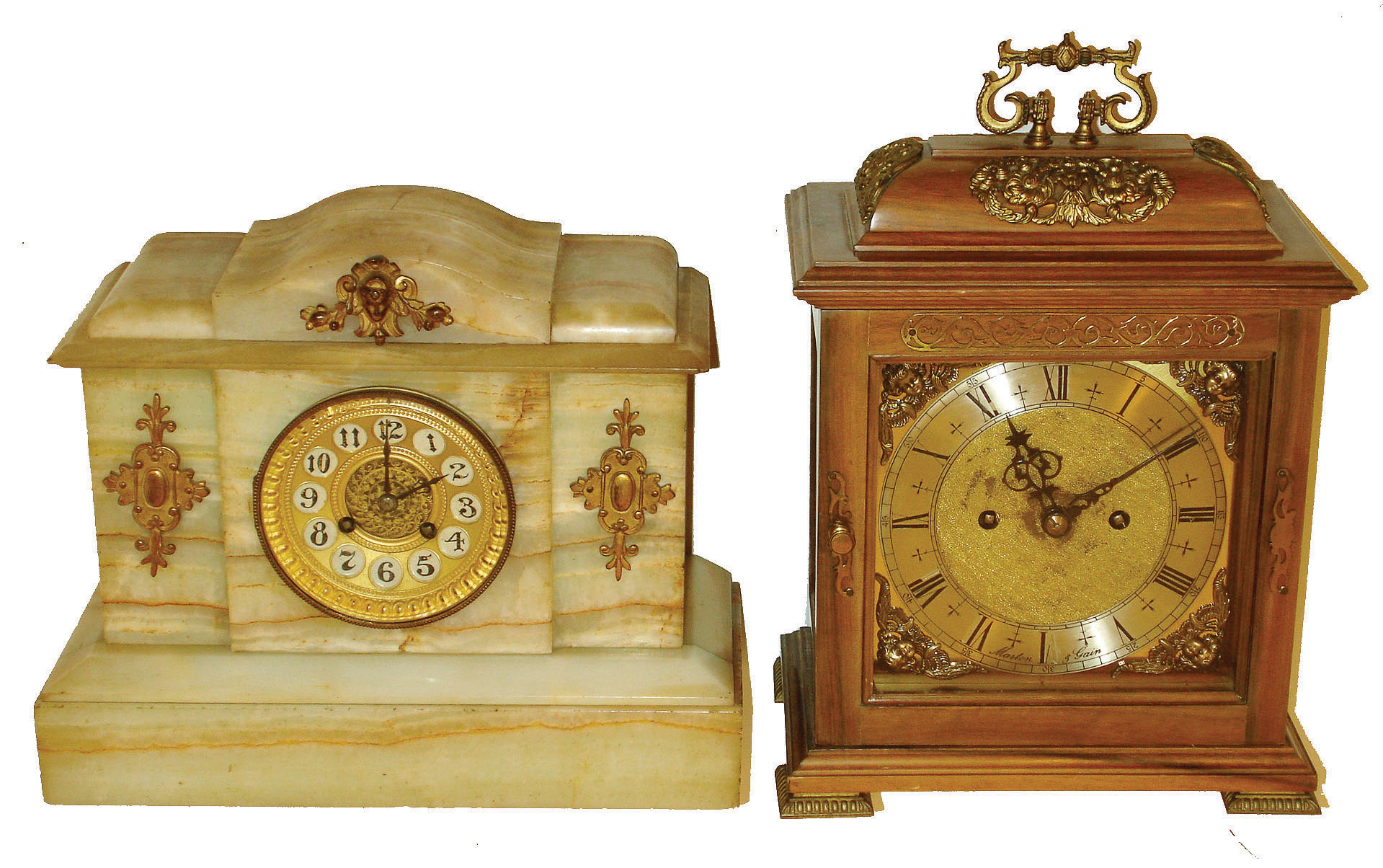 Clocks- 2 (Two) 8 days, time and strike, mantel clocks: French alabaster, c1890; Marton & Gain,, Spain, stained hardwood double-fusee bracket, c1960 — Antique Clocks Price Guide