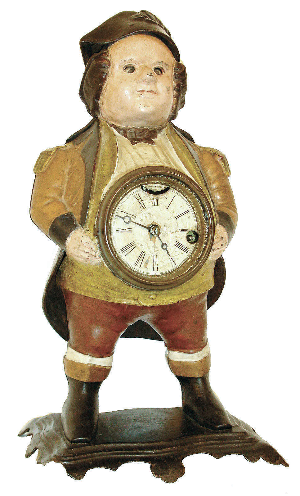Bradley & Hubbard blinking eye clock, unidentified model, similar to the Continental, the rotund male figure in colorful, formal dress, and with the timepiece mounted in his belly, Roman numeral paper dial, moon hands, c1860 — Antique Clocks Price Guide
