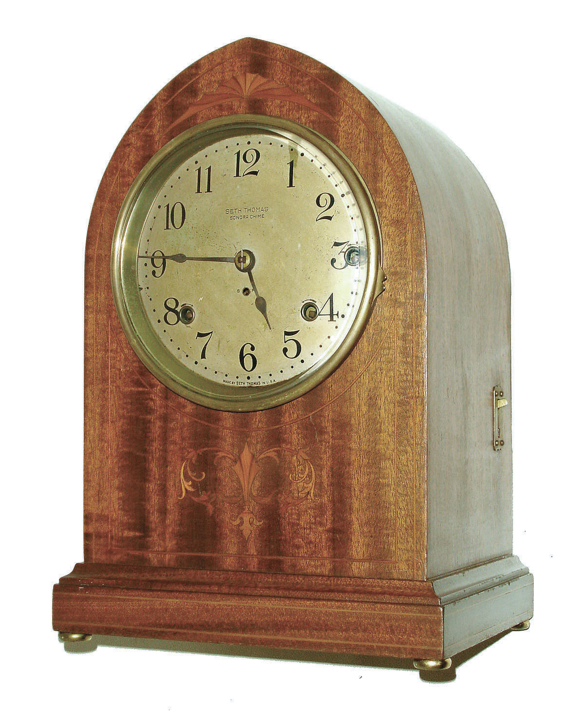 Seth Thomas Clock Co., Thomaston, Conn., "Chime Clock No. 64", 8 days, time & 5 bell Sonora chime in inlaid mahogany case, c1914 — Antique Clocks Price Guide