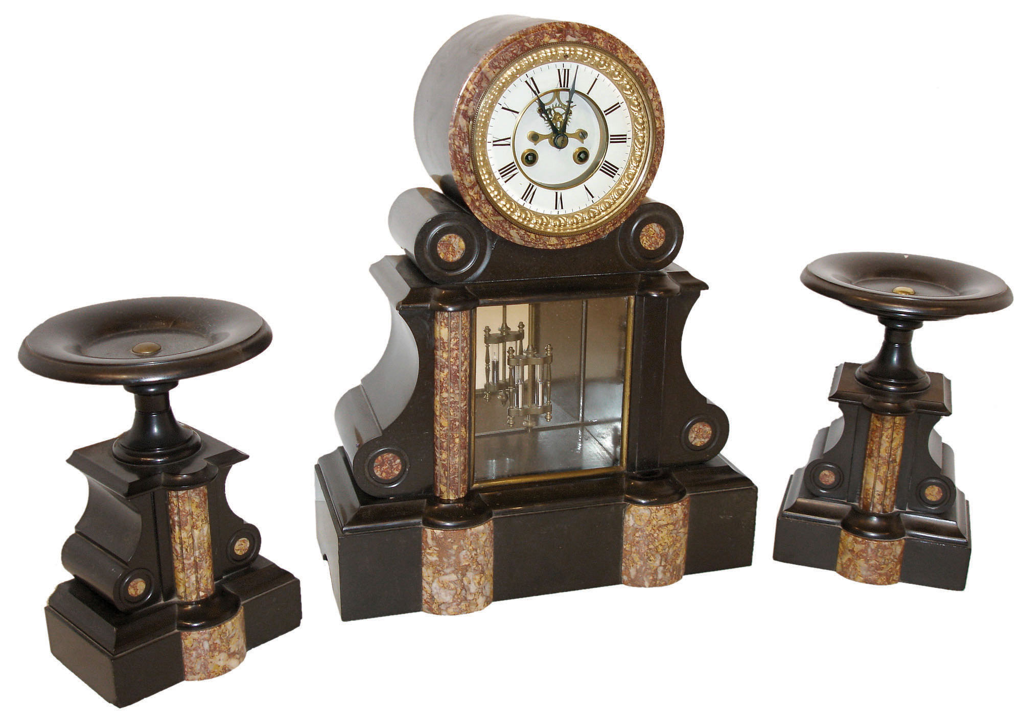 French, black slate with red mottled marble, 3-piece mantle set - 8 days, time and strike, clock with open Brocot escapement and two matching garnitures, c1900 — Antique Clocks Price Guide