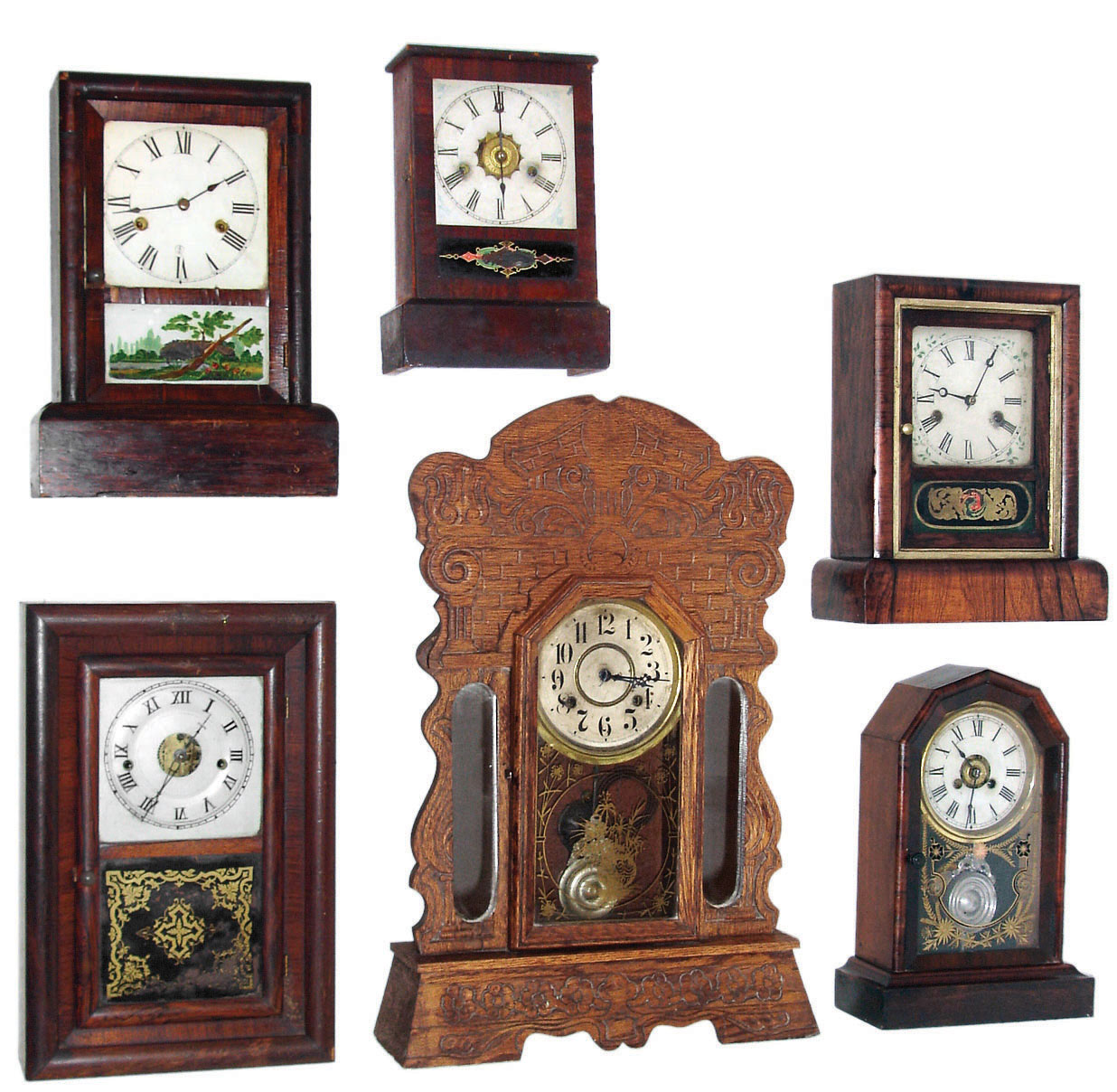 Clocks- 7 (Seven) American: (1) New Haven Clock Co., New Haven, "Mirror" model 8 days, time and strike, oak "gingerbread" shelf clock with inset mirrors, c. 1913. (2) New Haven Clock Co. "Small Octagon Prize Extra" 30 hour time & alarm octagon top cottage clock. (3) Gilbert Mfg. Co., Winsted, Conn., 30 hours, time and strike,, cottage clock, c. 1866. (4) Unknown maker 30 hour time & alarm cottage clock. (5) Seth Thomas, "Round Band" 30 hours, time and strike, shelf clock, c. 1870. (6) Seth Thomas, Thomaston, 30 hours, time and strike,, cottage, c. 1890. (7) Ithaca Calendar Clock Co., Ithaca, N.Y. "Farmer" double dial perpetual calendar shelf clock, c1875 — Antique Clocks Price Guide