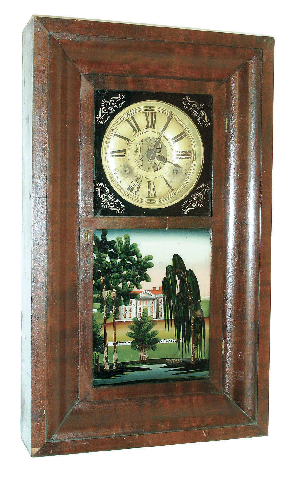 Jeromes & Co., Bristol, Conn., 30 hours, time and strike,, weight driven brass movement early OG shelf Clock with brass dial, c1840 — Antique Clocks Price Guide