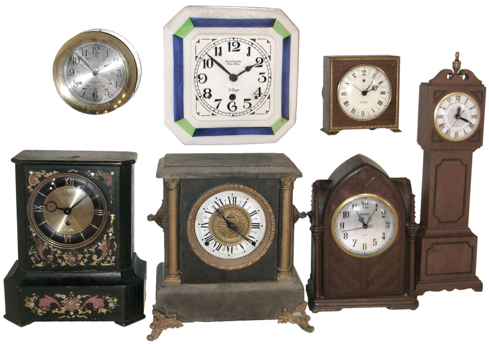 Clocks- 10 (Ten): Seth Thomas modern brass ship's bells; German porcelain plate with "Daniel Low, Salem, Mass." on dial; enameled wood Ingraham; Mission oak wall, Zaandam wall; United electric school clock; Seth Thomas plug-in alarm; Welby painted wood mantel; Sentinel 4-column plug-in Lanshire miniature tall clock all 20th century — Antique Clocks Price Guide