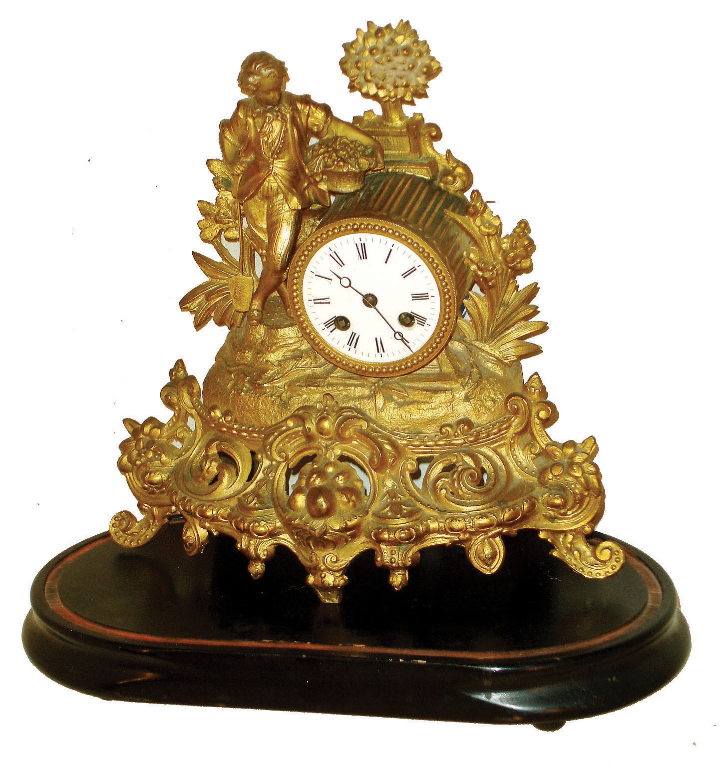 Clocks- 2 (Two) French: 8 days, time and strike, mantel clocks - (1) Japy Freres movement, gilt metal figural case on oval ebonized wood base (no glass dome); (2) Blue hand-painted porcelain case with Marti movement; both c1890 — Antique Clocks Price Guide