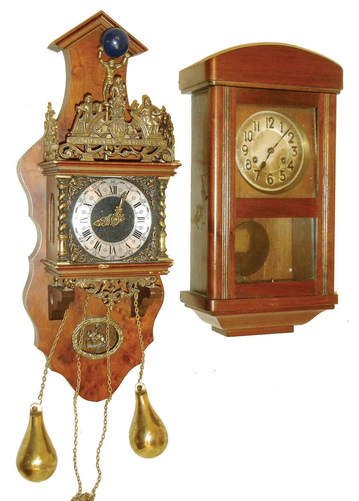 Clocks- 3 (Three) 8 day wood case wall clocks: small German time and strike box regulator; German reproduction Zaandam; Jack Daniels modern reproduction oak store regulator; 20th century — Antique Clocks Price Guide