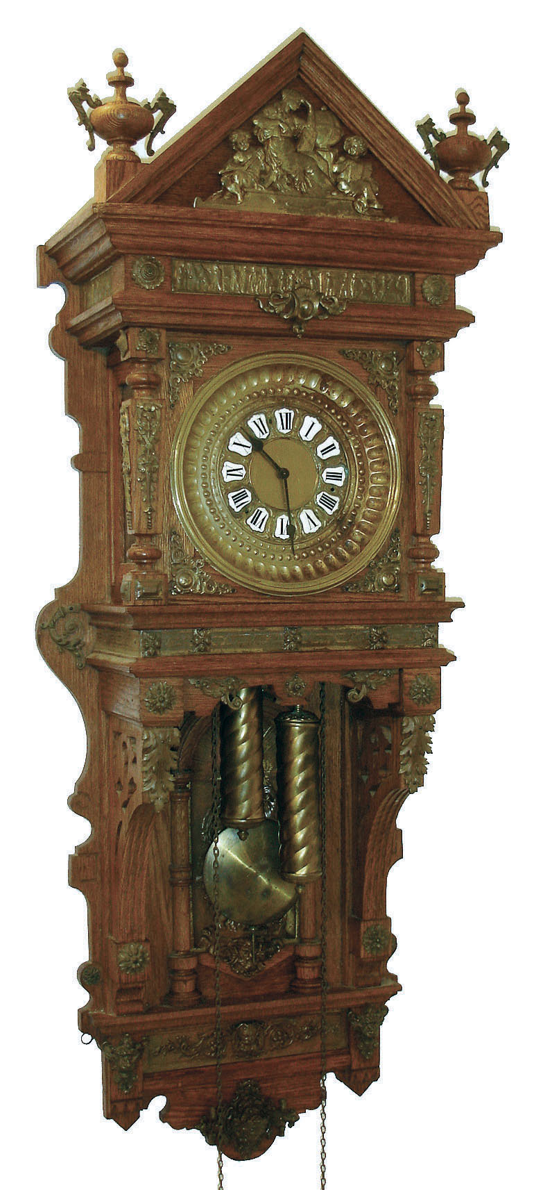 Ansonia Clock Co., New York, "Hanging Antique" time & hour/half hour gong strike weight wall clock in oak case profusely decorated with cast brass trimmings, c1885 — Antique Clocks Price Guide