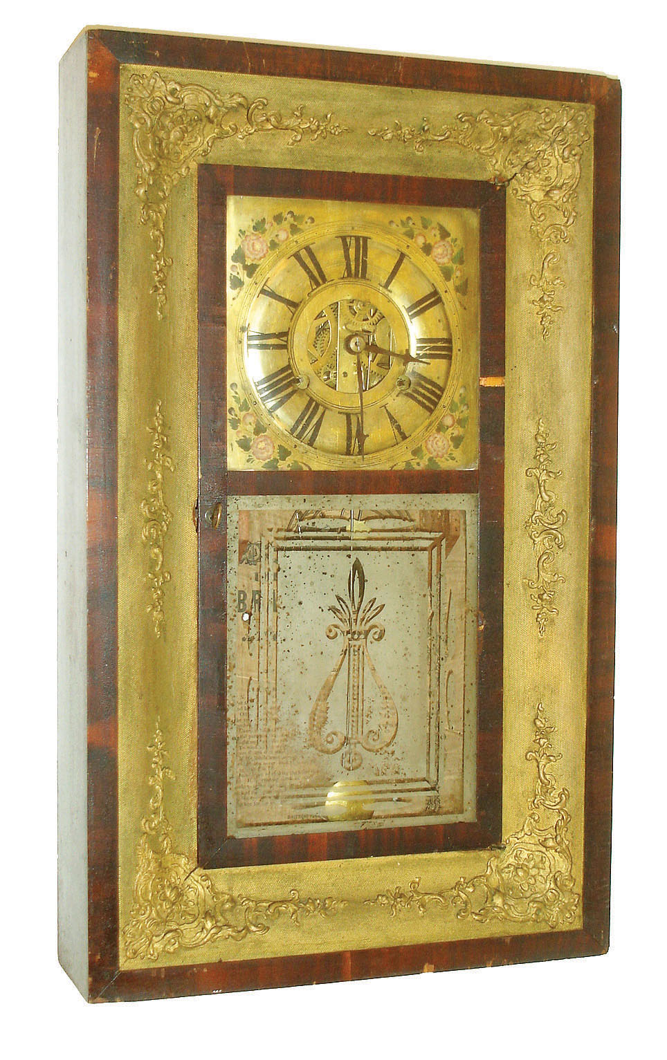 Atkins & Porter, Bristol, Conn., 30 hours, weight driven OG with brass dial and gold gesso front, c1845 — Antique Clocks Price Guide