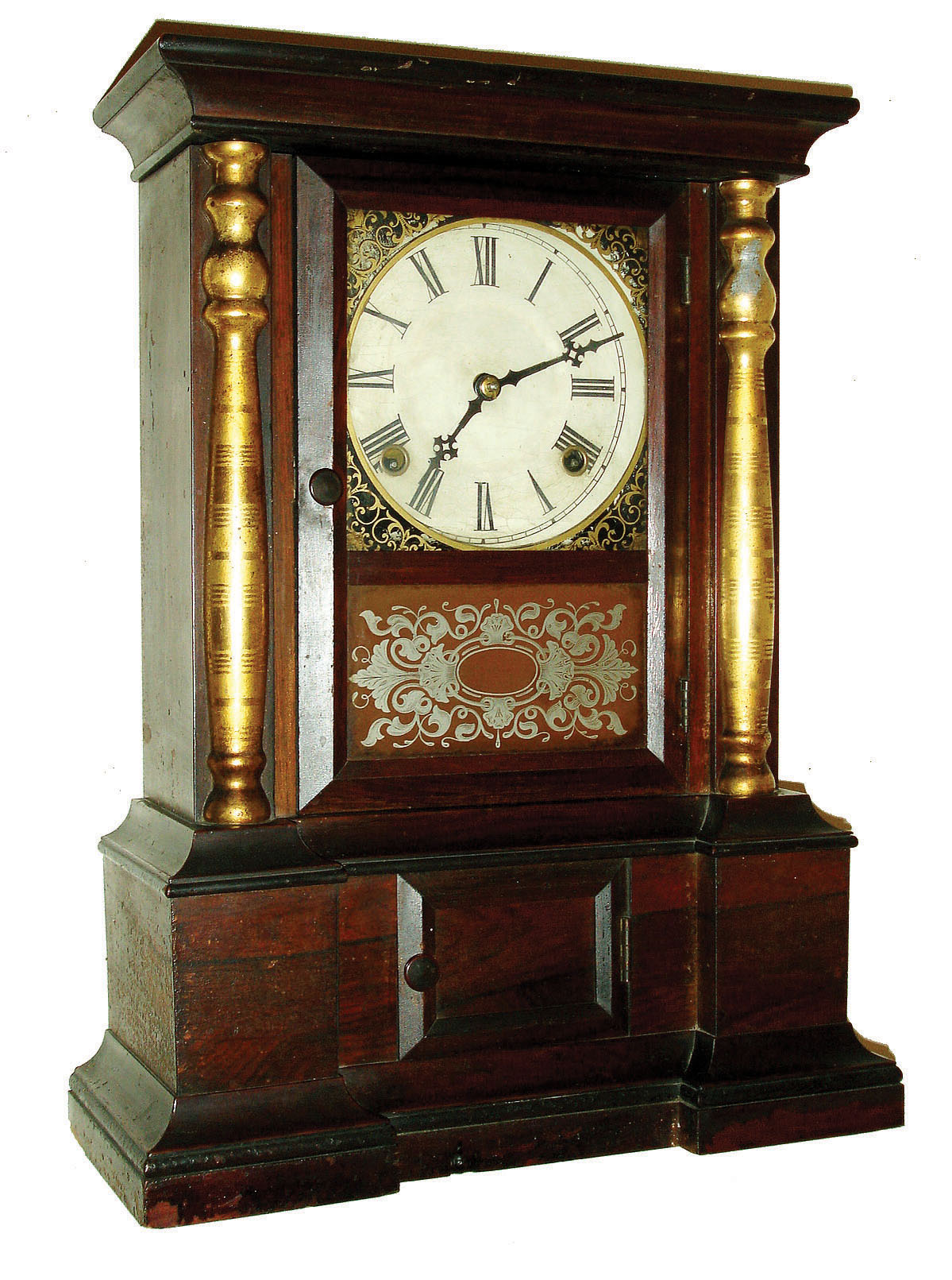 Atkins Clock Co., Bristol, CT, 8 days, time and strike, "London" model with burnished gilt columns and rosewood veneered case, c1865 — Antique Clocks Price Guide