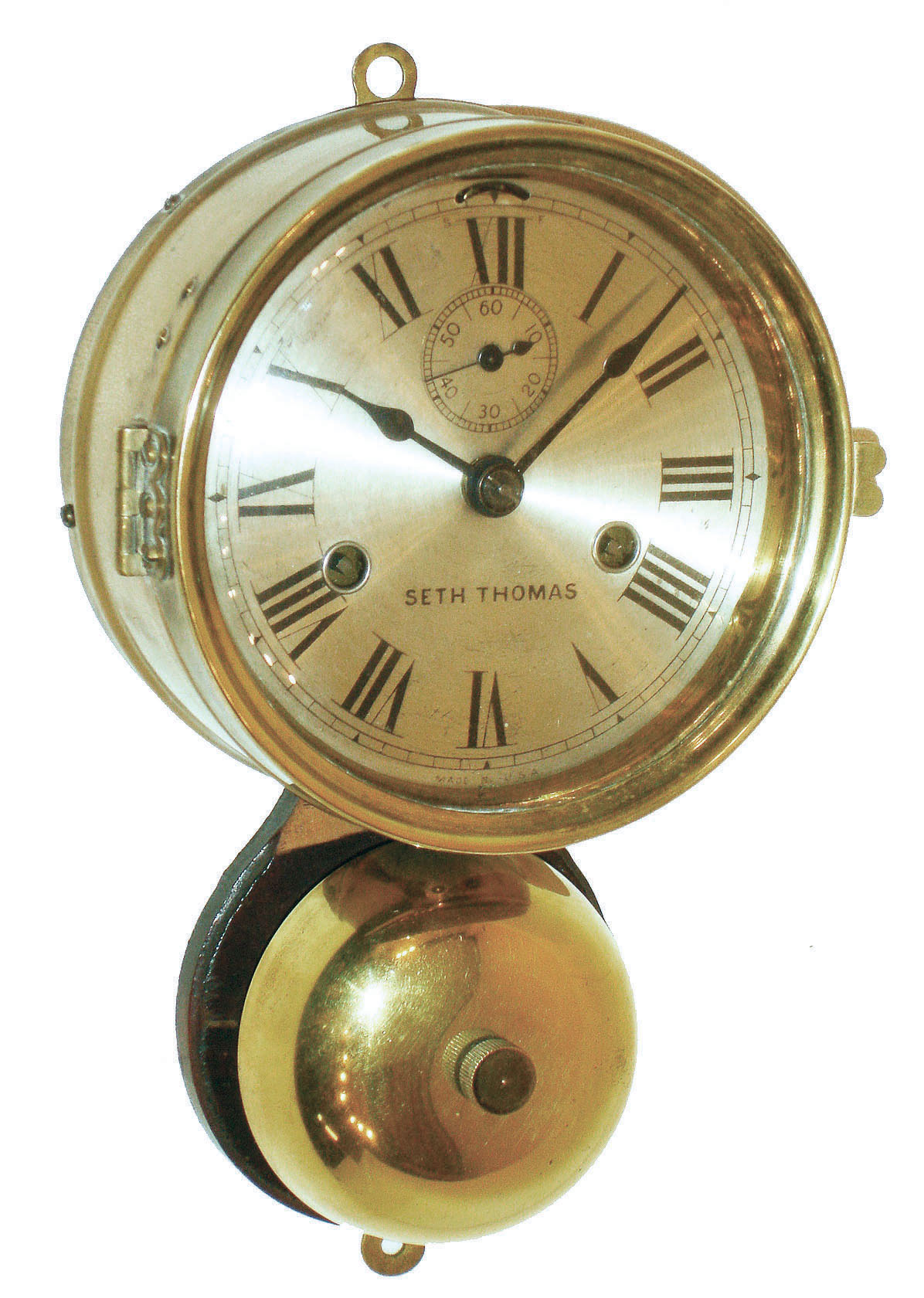 Seth Thomas Clock Co., Thomaston, Conn., 2-day time & ship's-striking marine clock with outside bell and hinged formed brass case and bezel, c1915 — Antique Clocks Price Guide