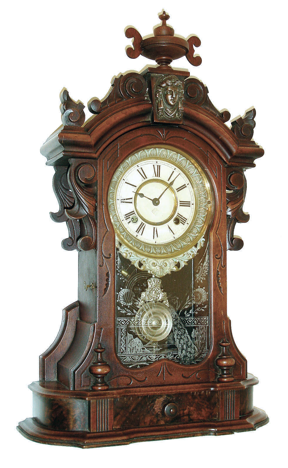 Ansonia Clock Co., New York, "Monarch" 8 day time, hour/half hour strike movement shelf clock in walnut case. c.1880. — Antique Clocks Price Guide