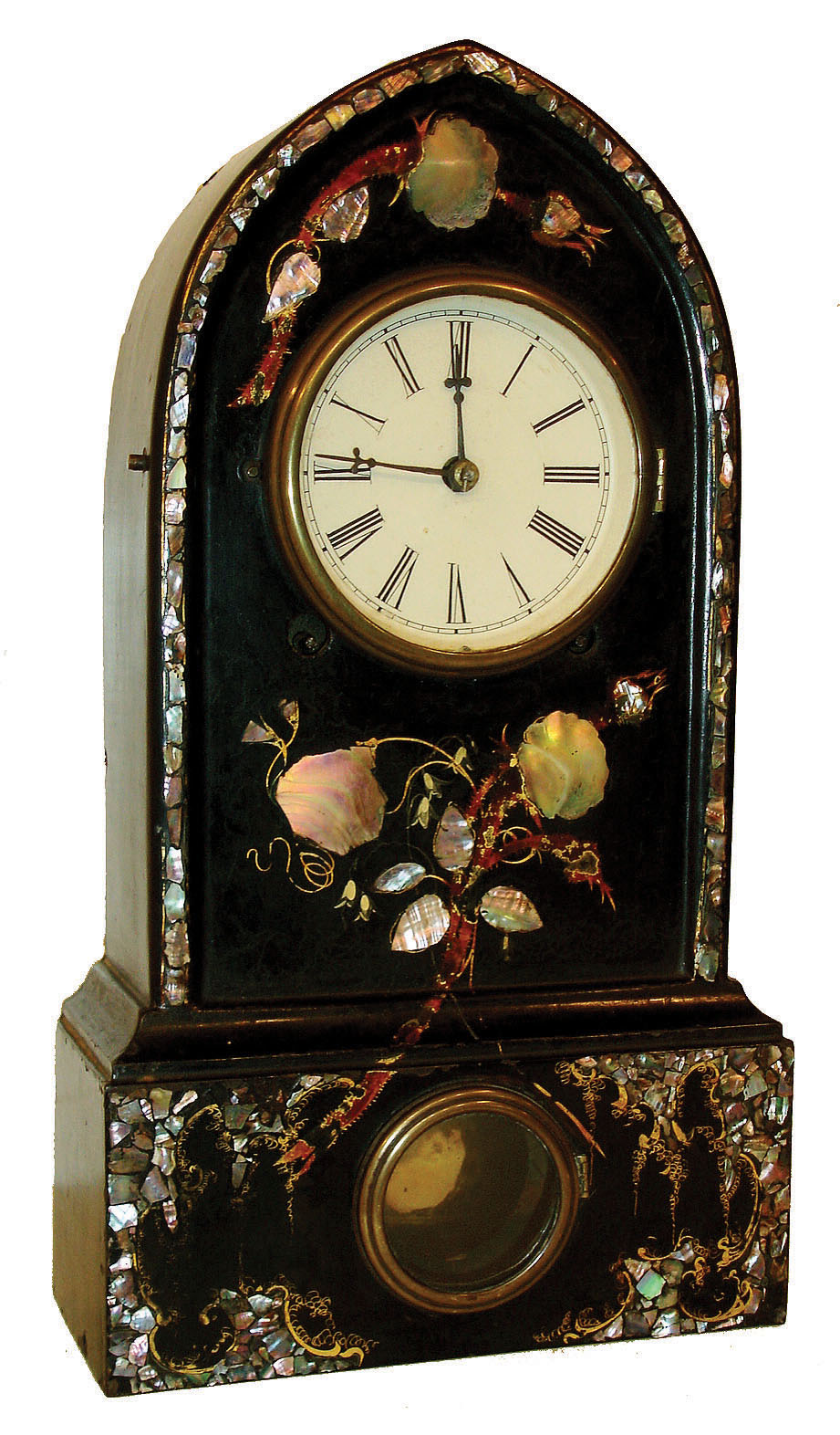 Terry & Andrews, Bristol, Conn., 8 days, time and strike, cast iron case with Mother-of-Peal inlay, c1850 — Antique Clocks Price Guide