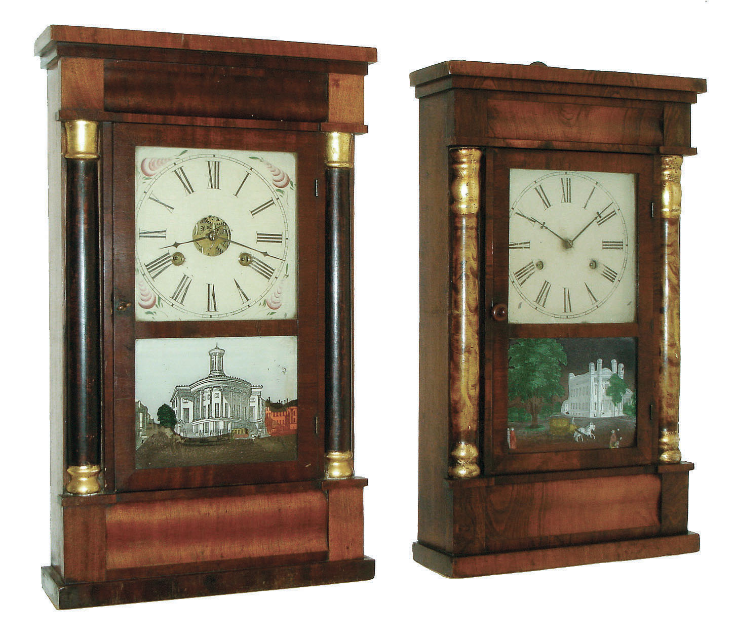 Clocks- 2 (Two): Chauncey Jerome, New Haven, Conn."Column Clock" with 30 hour weight driven time and strike, movement in a mahogany veneered case with painted half columns with gilt caps and bases, c1850;  Jerome & Co., New Haven, Conn., Column clock with 30 hour weight driven time and strike movement in a rosewood veneered case with faux decorated columns and gilt caps and bases, c1855 — Antique Clocks Price Guide
