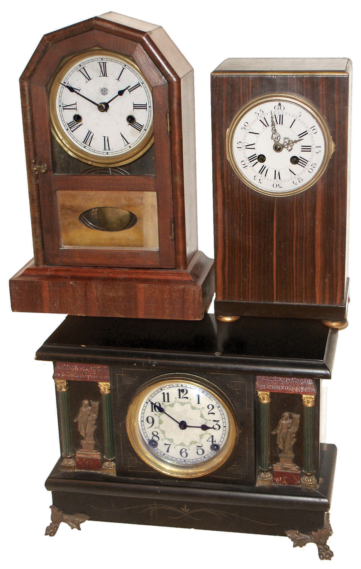 Clocks- 3 (Three) time and strike wood mantel clocks: French with 8 days, time and strike, with Marti stamped movement and rosewood case, c1900, Jerome & Co., New Haven "Dreadnaught" 30 hours, time and strike,, shelf, c1880; Sessions Clock Co. 8day time and strike, "No.570" black enameled mantel clock, c1910. — Antique Clocks Price Guide