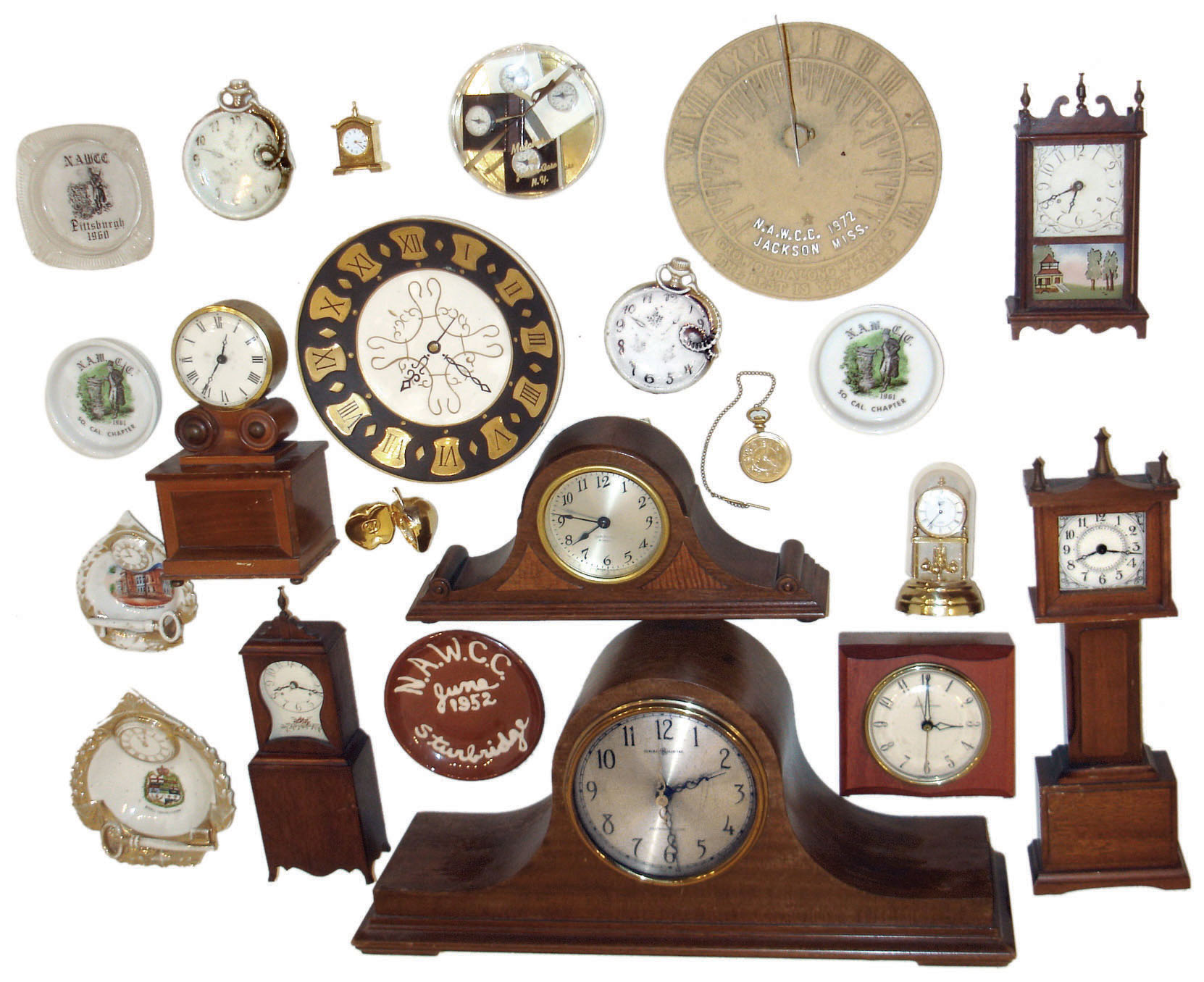 Clocks & NAWCC Memorabilia: GE plug-in chiming tambour, Seth Thomas 4 jewel small tambour, 1972 sundial, Burroughs miniatures, 9 ashtrays, other small novelties, 20th century — Antique Clocks Price Guide