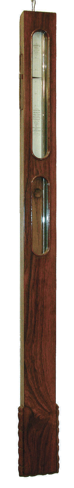 John Merrick & Co., Worcester, Mass., Timby patent stick barometer, rosewood veneered case with ripple molding at base, silvered barometer scale with set hand, lower glass for thermometer, the back with a partial label, c1860 — Antique Clocks Price Guide