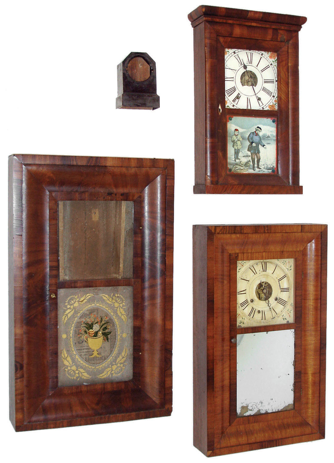 Clocks- 4 (Four): (1) E. C. Brewster, Bristol, Conn., 30 hours, time and strike, iron back plate spring movement shelf clock, c. 1835.  (2) Bradley & Hubbard small empty iron case (only), c. 1865.  (3) Seth Thomas, Plymouth Hollow, Conn., 30-hour, time and strike OG shelf clock, c. 1860.  (4) Harrris & Wilcox, Troy, NY, empty OG shelf clock case (only). — Antique Clocks Price Guide