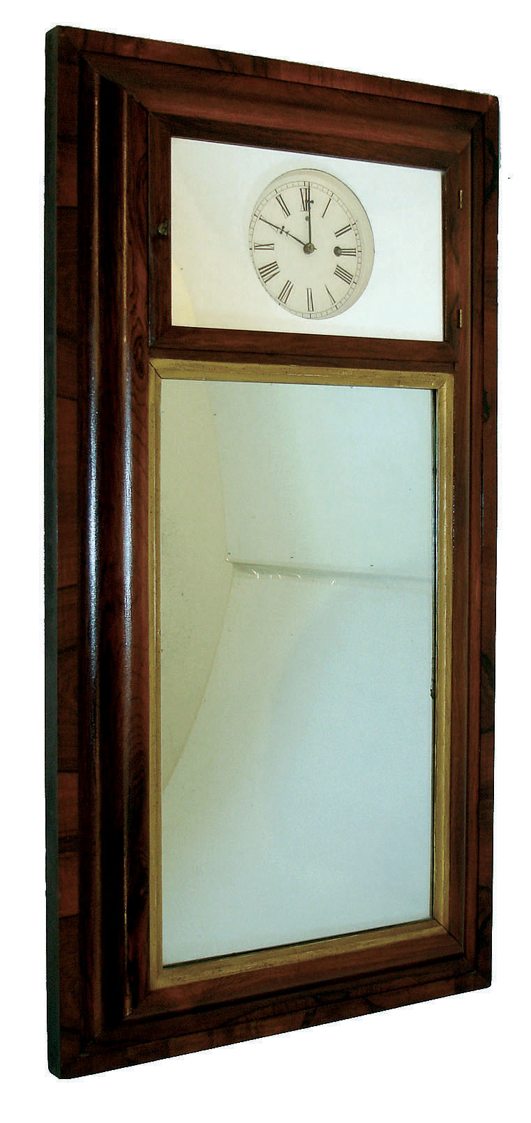 George Hills, Plainville, Conn., 30 hour (possibly 8-day), time and strike,, spring driven brass & iron back plate lever movement in reverse OG mirror wall timepiece.  c.1850 — Antique Clocks Price Guide
