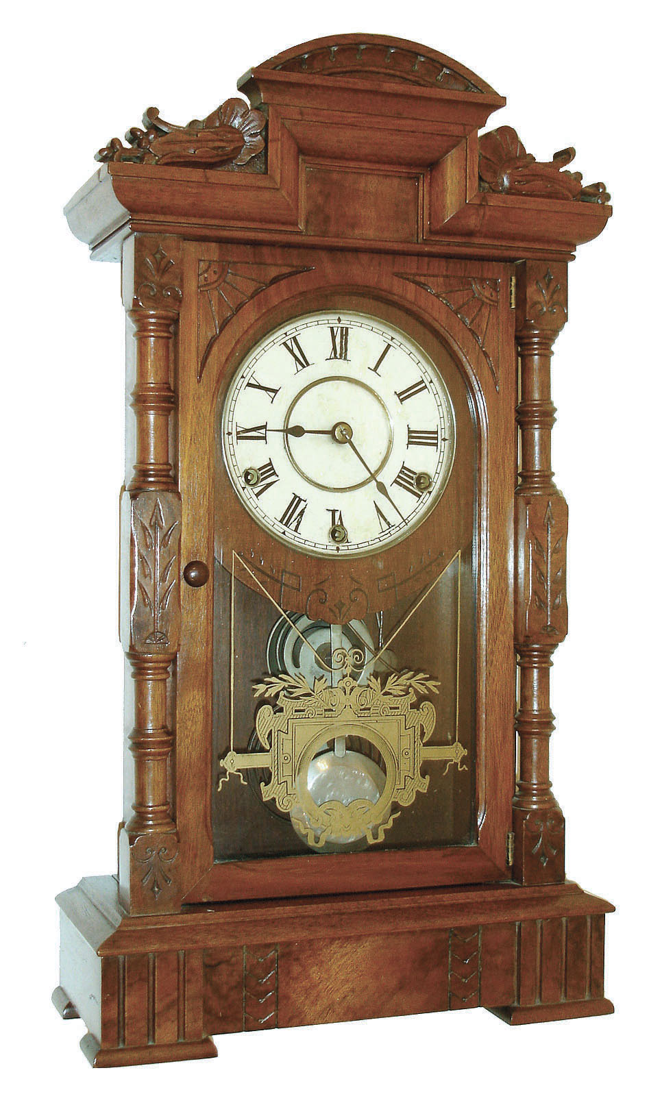 Seth Thomas Clock Co, Thomaston, Conn., "Hecla" 8 day spring driven three train movement with cathedral gong hour striking and quarter striking on two cupped bells in walnut shelf clock case, c1881. — Antique Clocks Price Guide