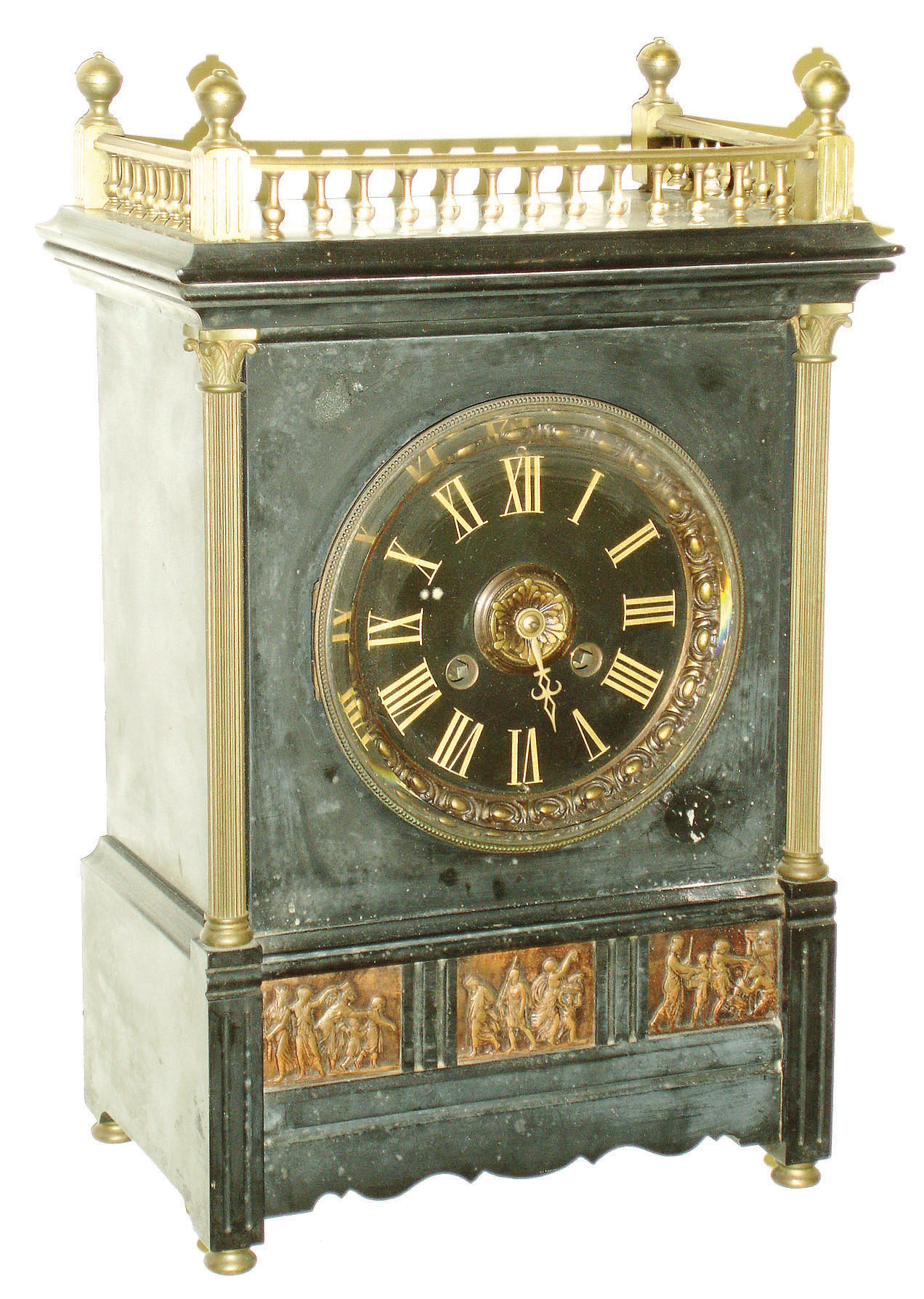 French 8 days, time and strike, marble mantel clock with bronzed decoration and black dial, c.1890 — Antique Clocks Price Guide